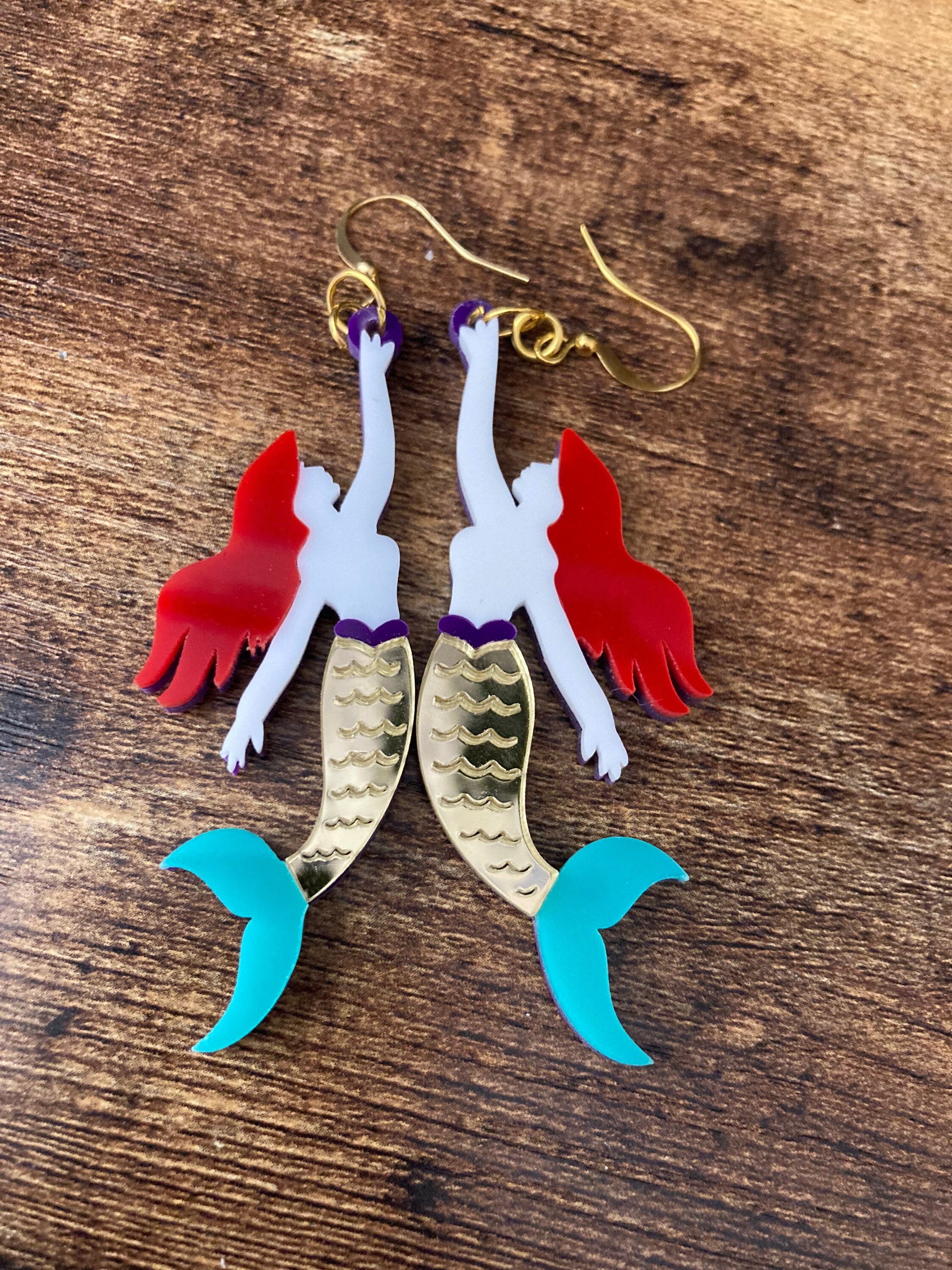 Novelty gold metallic Little mermaid long drop Earrings Perspex