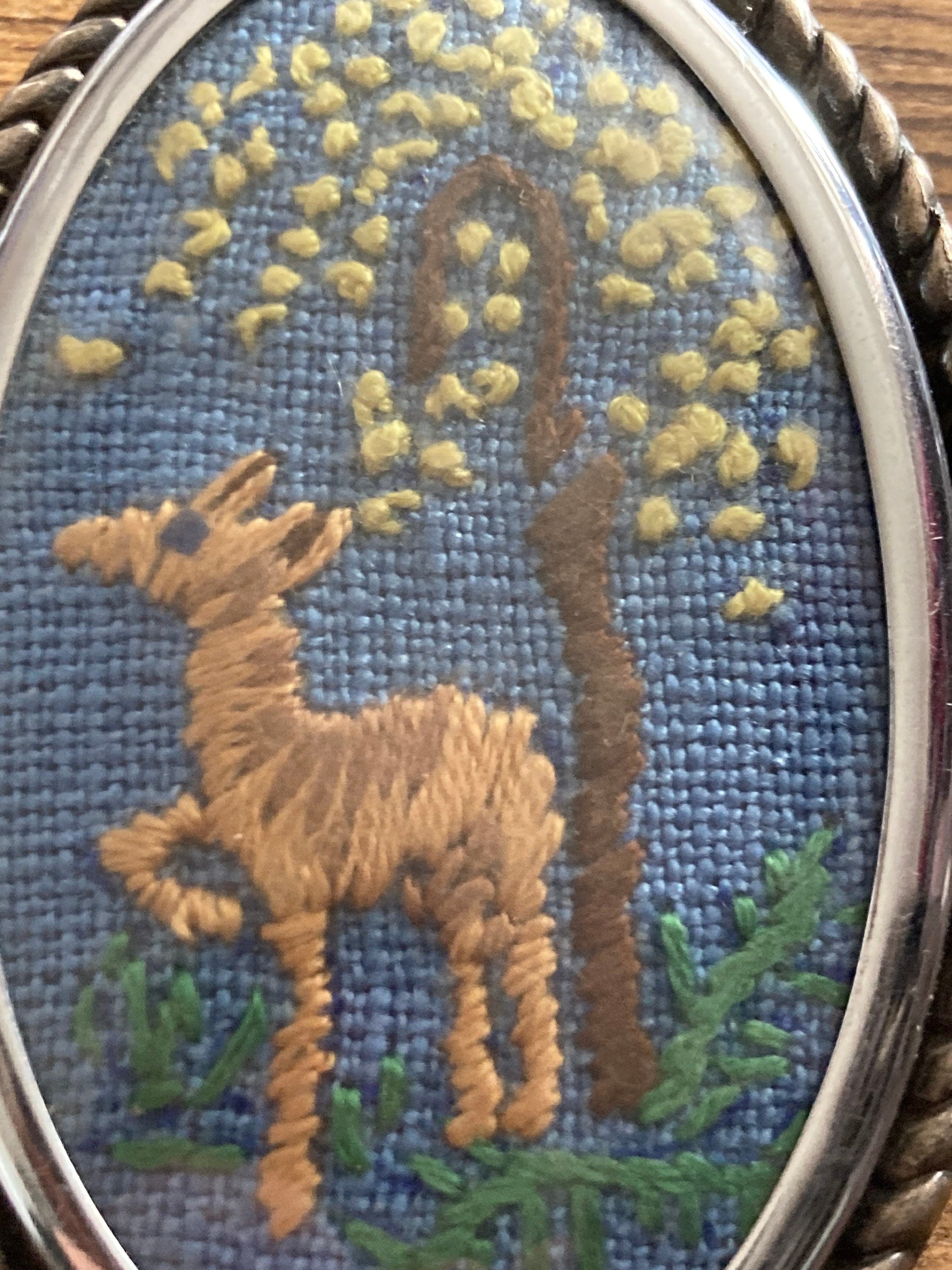 XL Vintage Tapestry Floral silver tone large brooch deer by tree