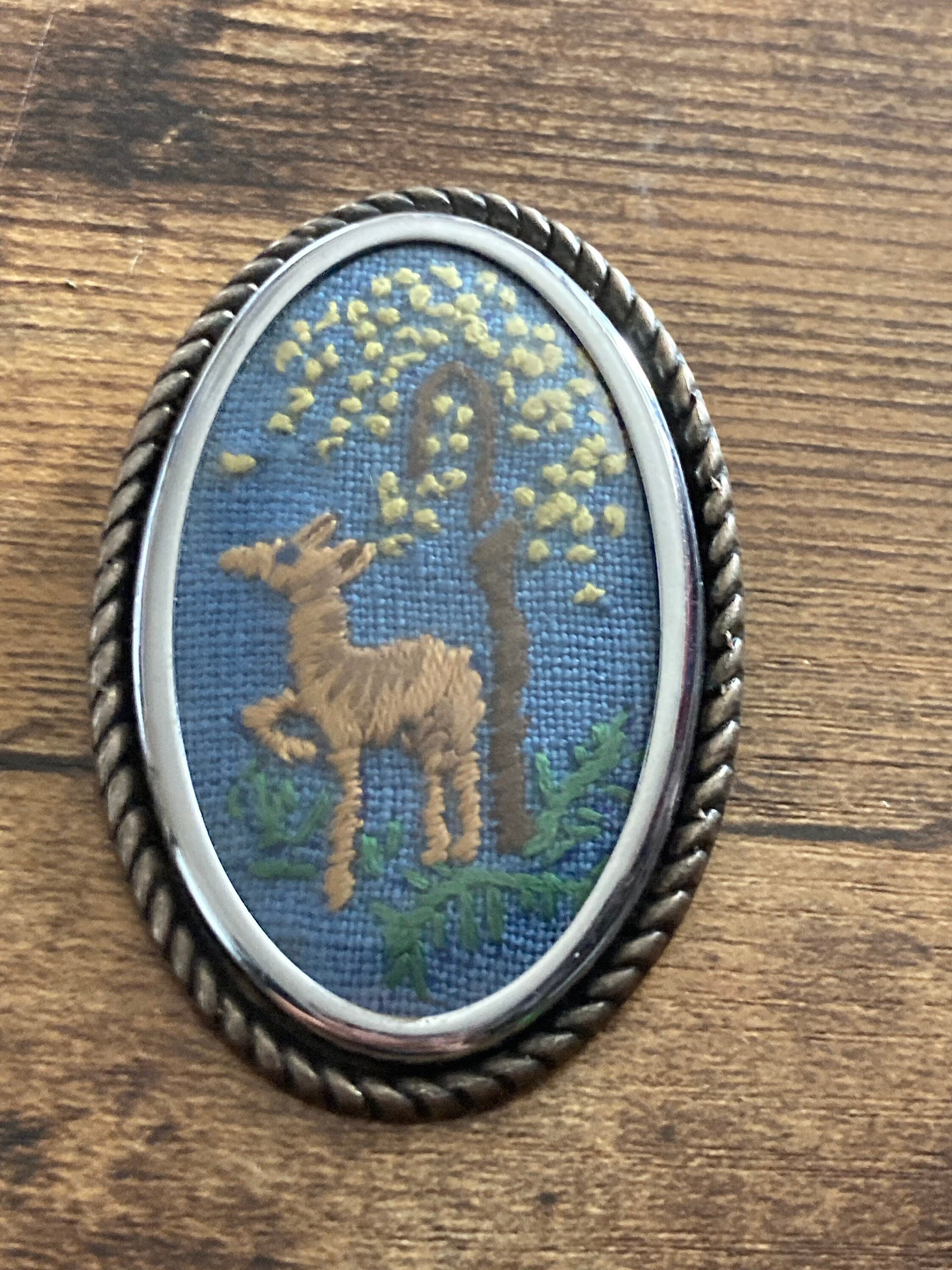 XL Vintage Tapestry Floral silver tone large brooch deer by tree