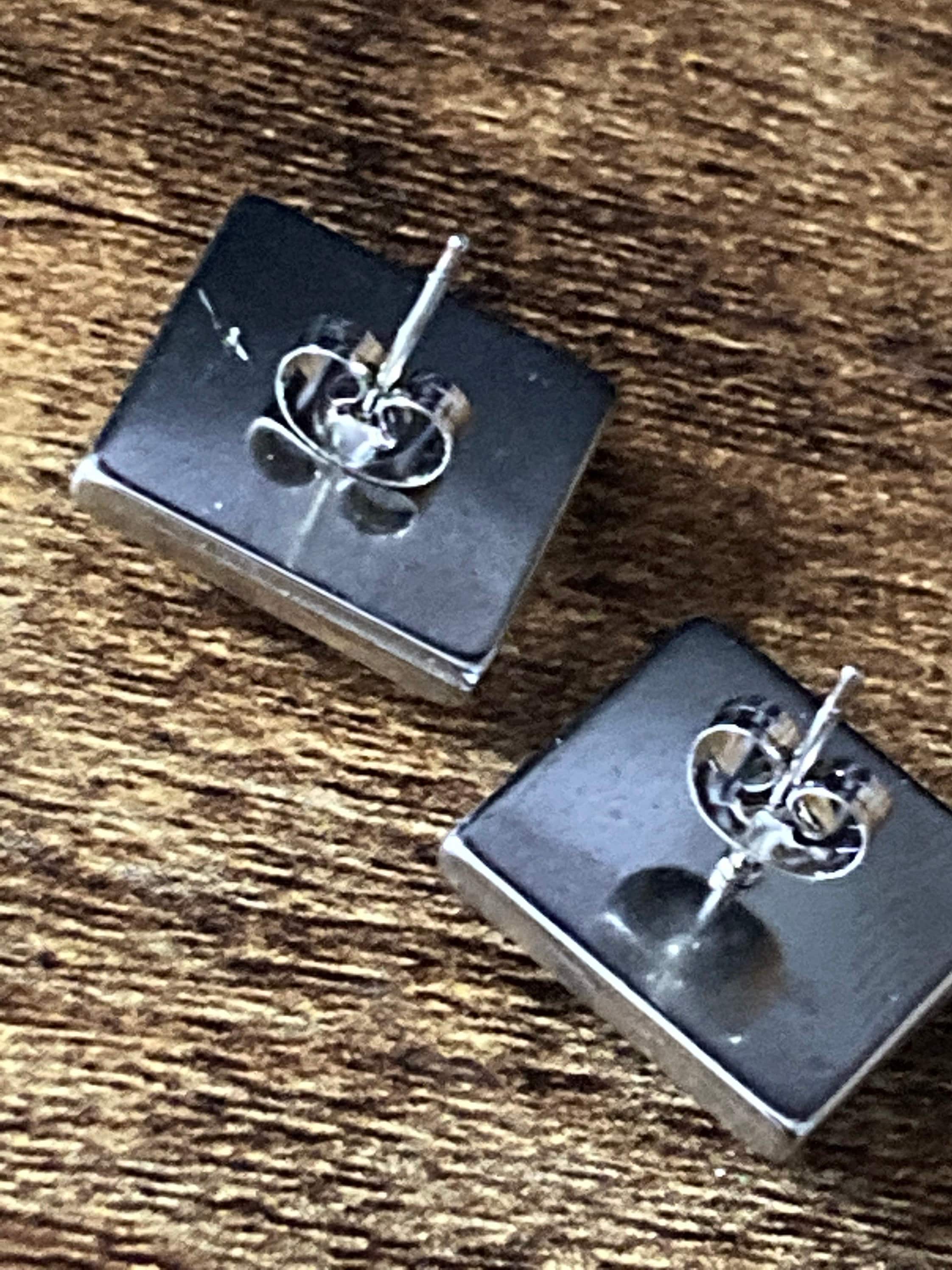 Blue and white floral printed glass tile earrings stainless steel studs