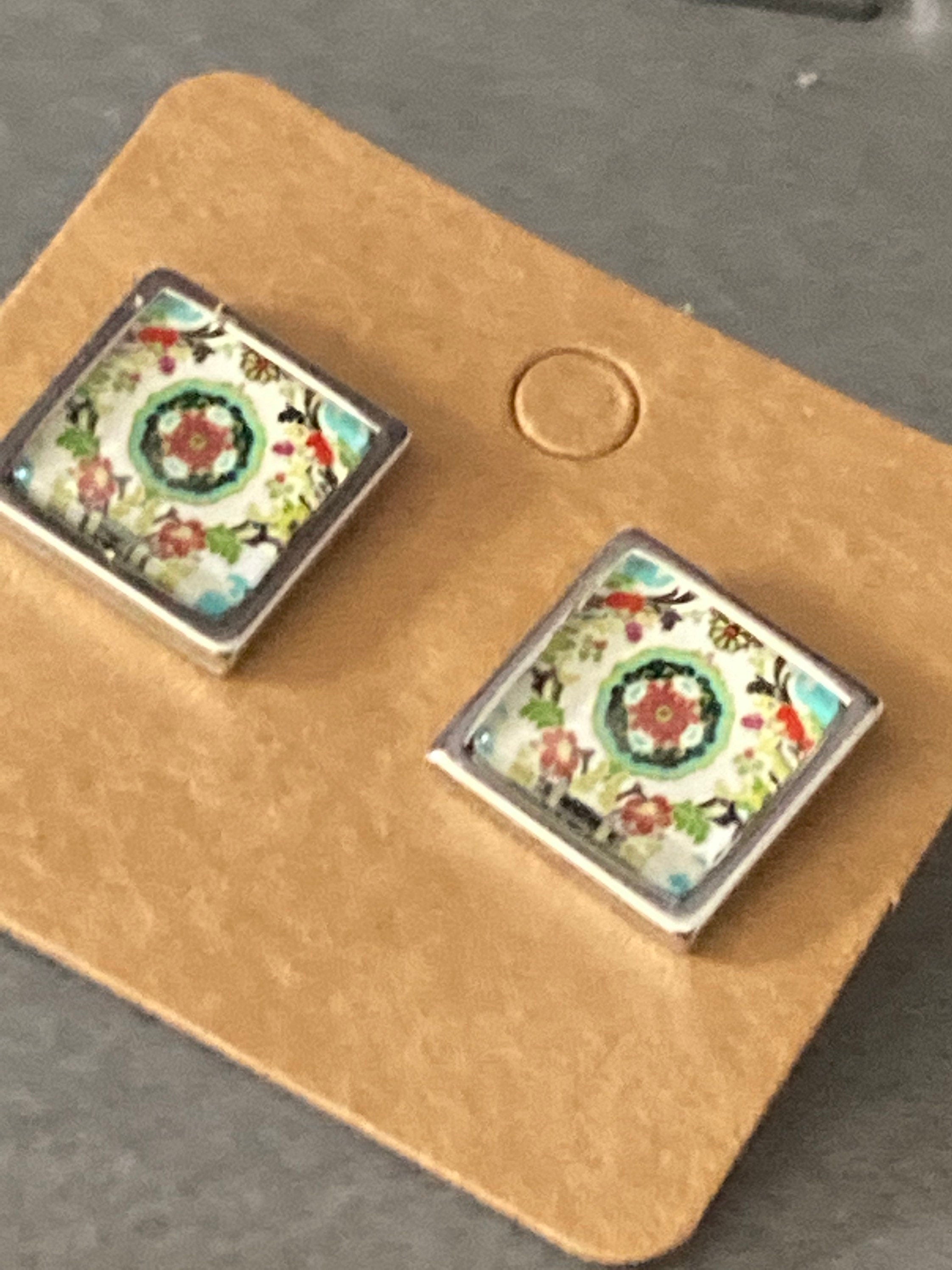 Handmade stainless steel square glass tile silver stud earrings art nouveau