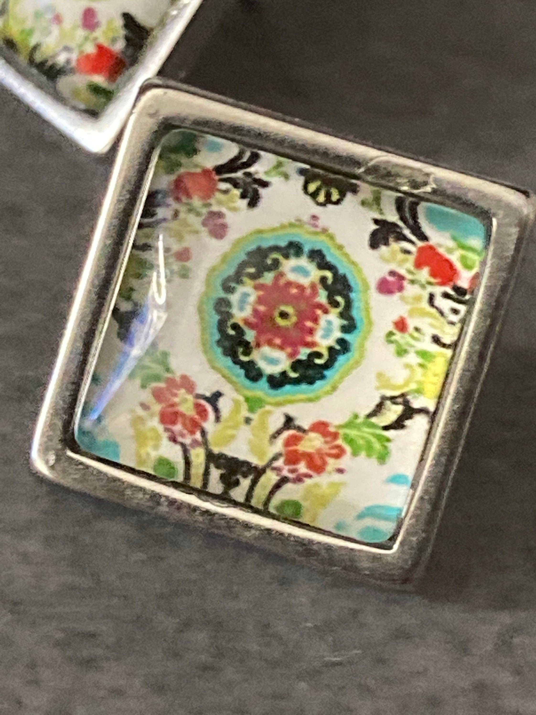 Handmade stainless steel square glass tile silver stud earrings art nouveau