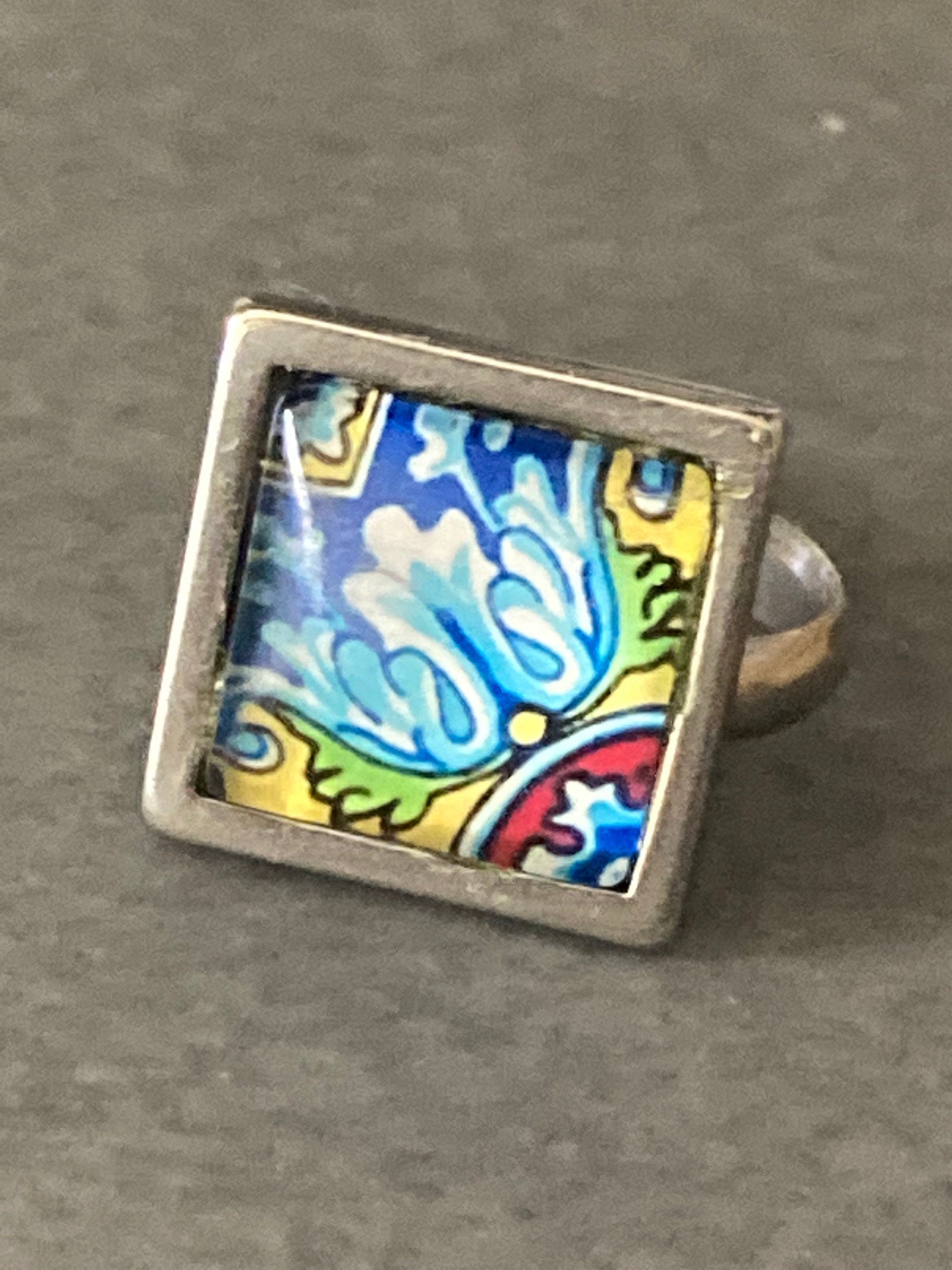 Handmade stainless steel square glass tile silver dress ring adjustable art nouveau