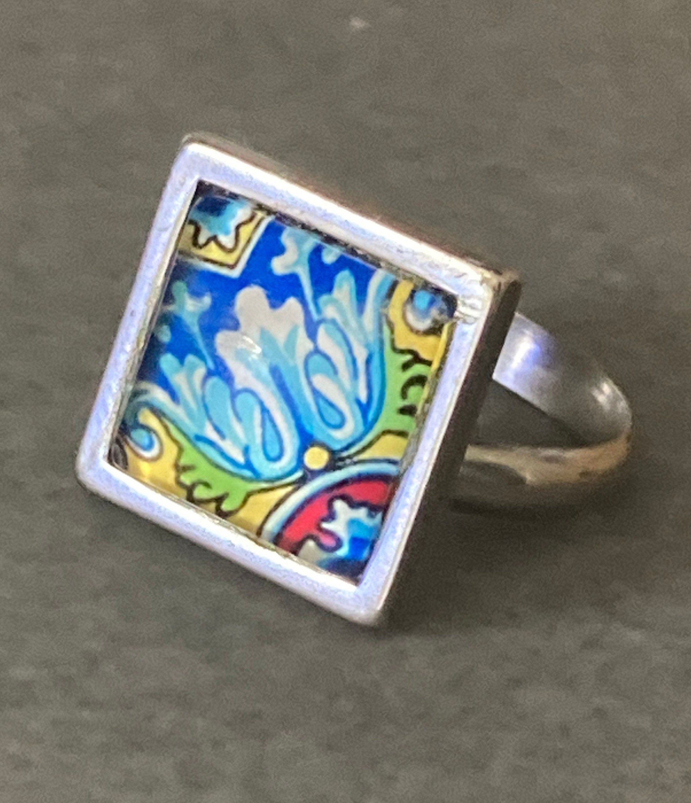 Handmade stainless steel square glass tile silver dress ring adjustable art nouveau