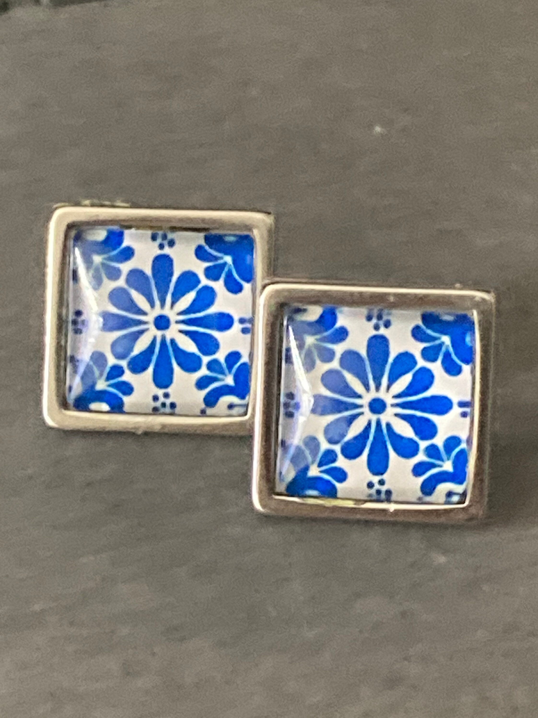 Blue and white floral printed glass tile earrings stainless steel studs