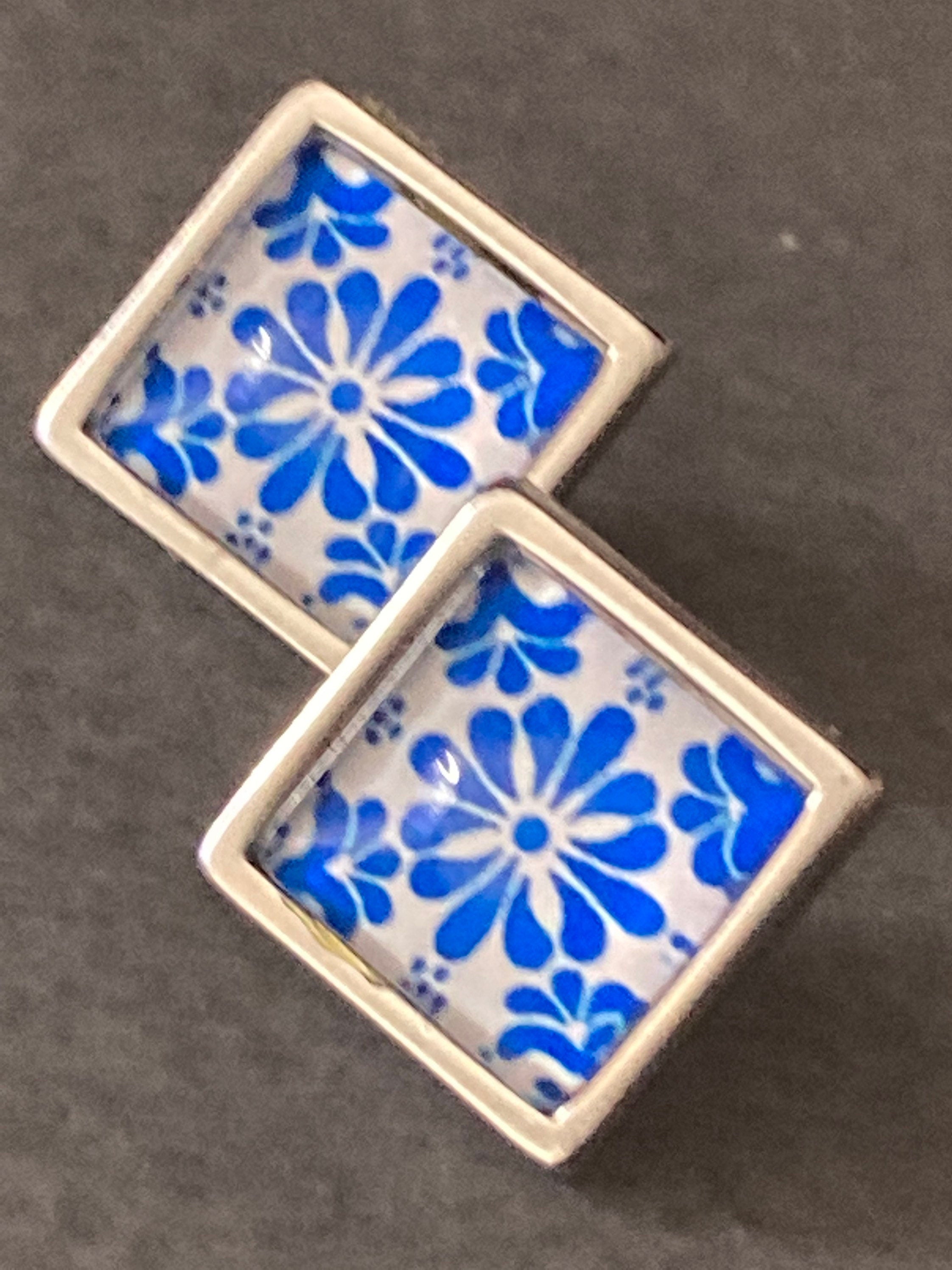 Blue and white floral printed glass tile earrings stainless steel studs