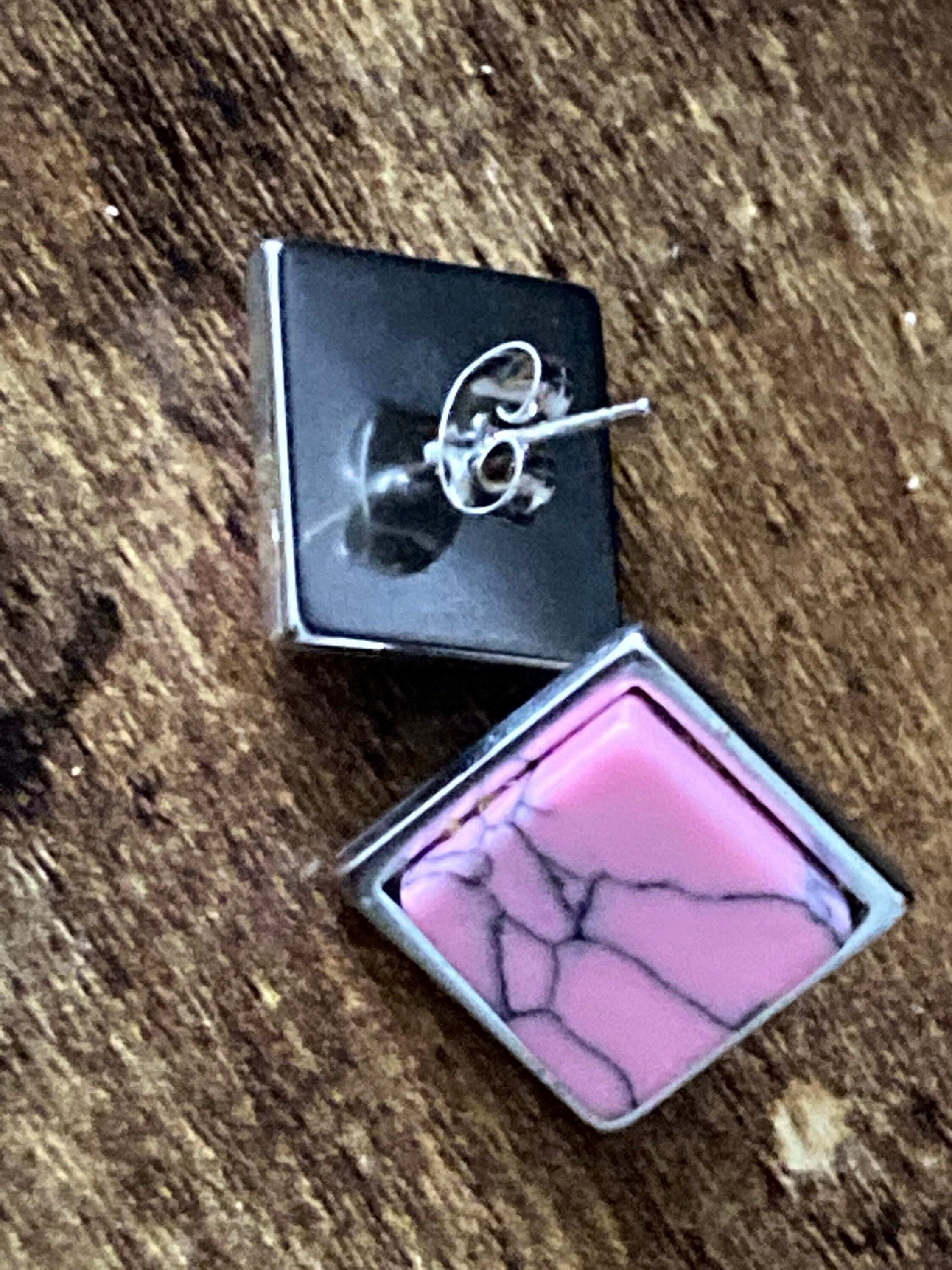 Pink marbled gemstone stud earrings in stainless steel