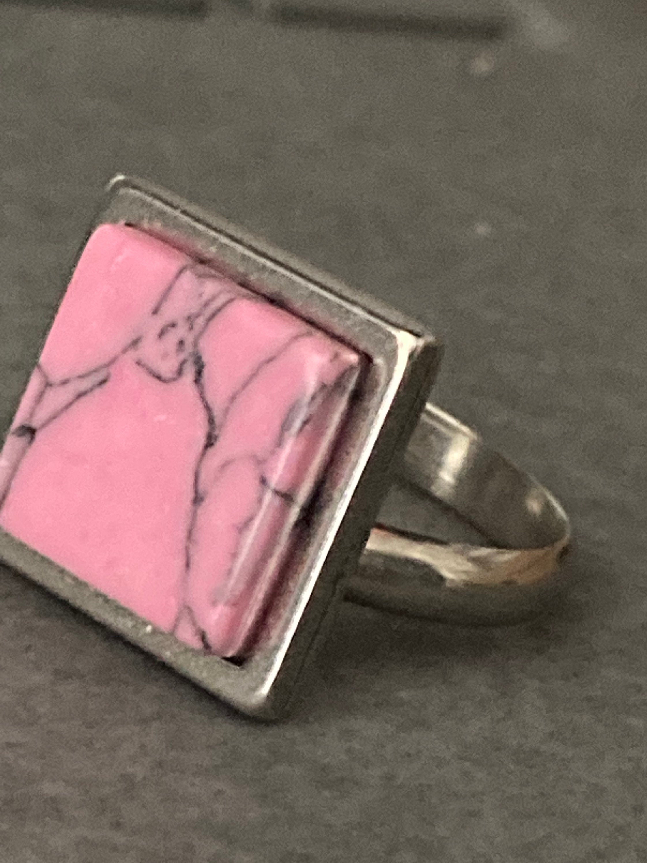 Handmade stainless steel 1.5cm square pink marbled stone tile dress ring adjustable size