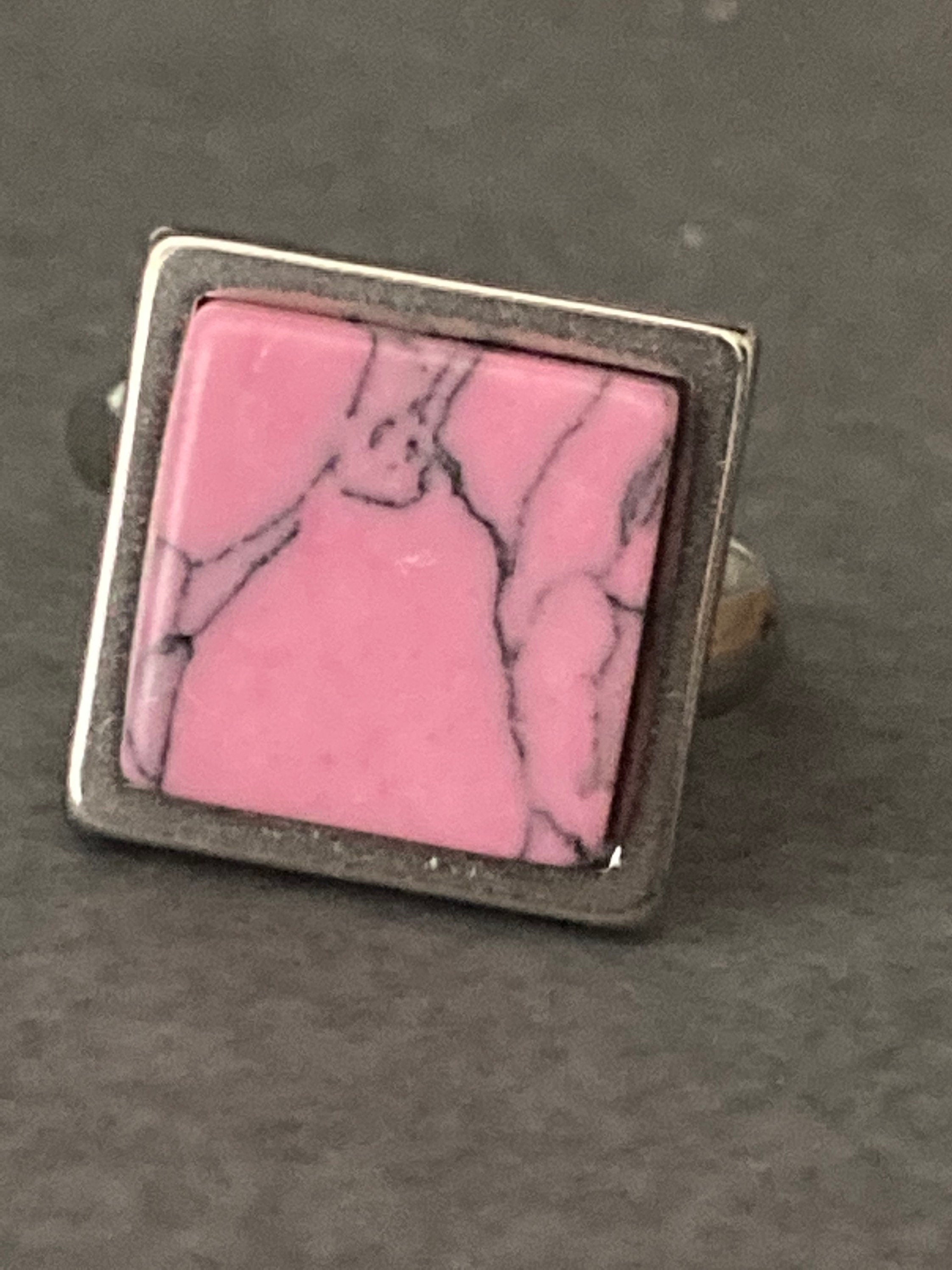 Handmade stainless steel 1.5cm square pink marbled stone tile dress ring adjustable size