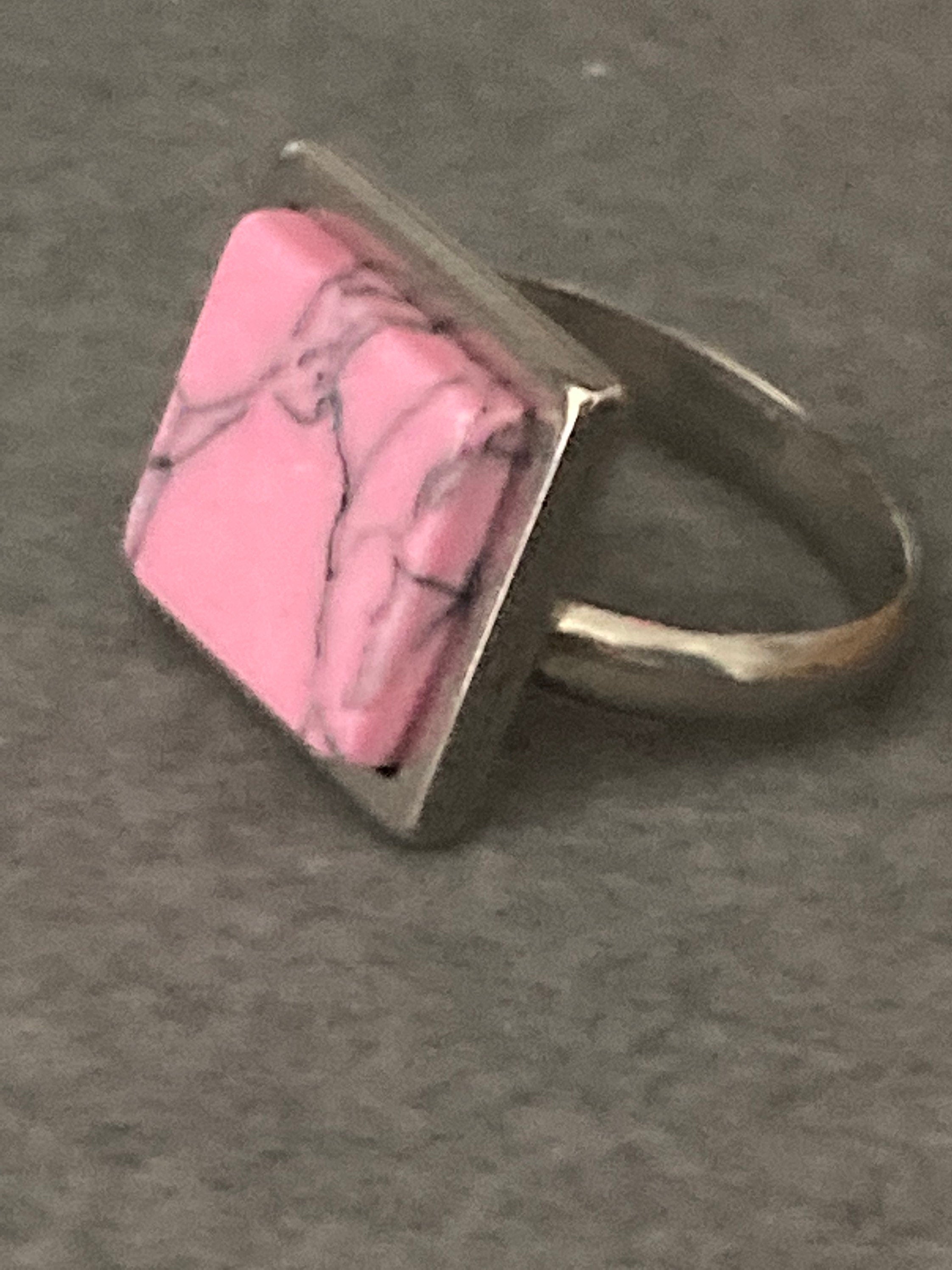 Handmade stainless steel 1.5cm square pink marbled stone tile dress ring adjustable size