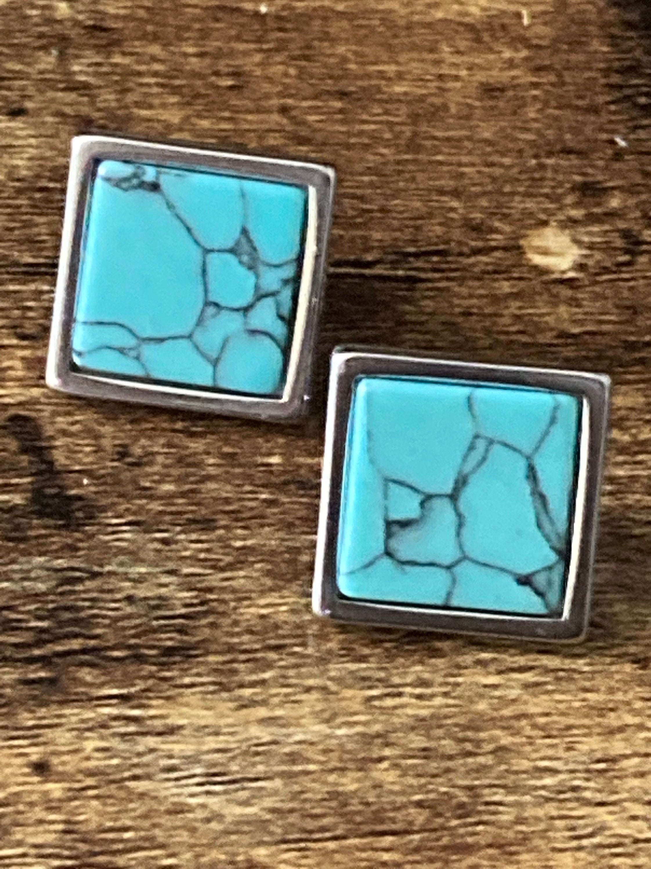 square natural stone tile silver dangly drop marbled turquoise blue earrings
