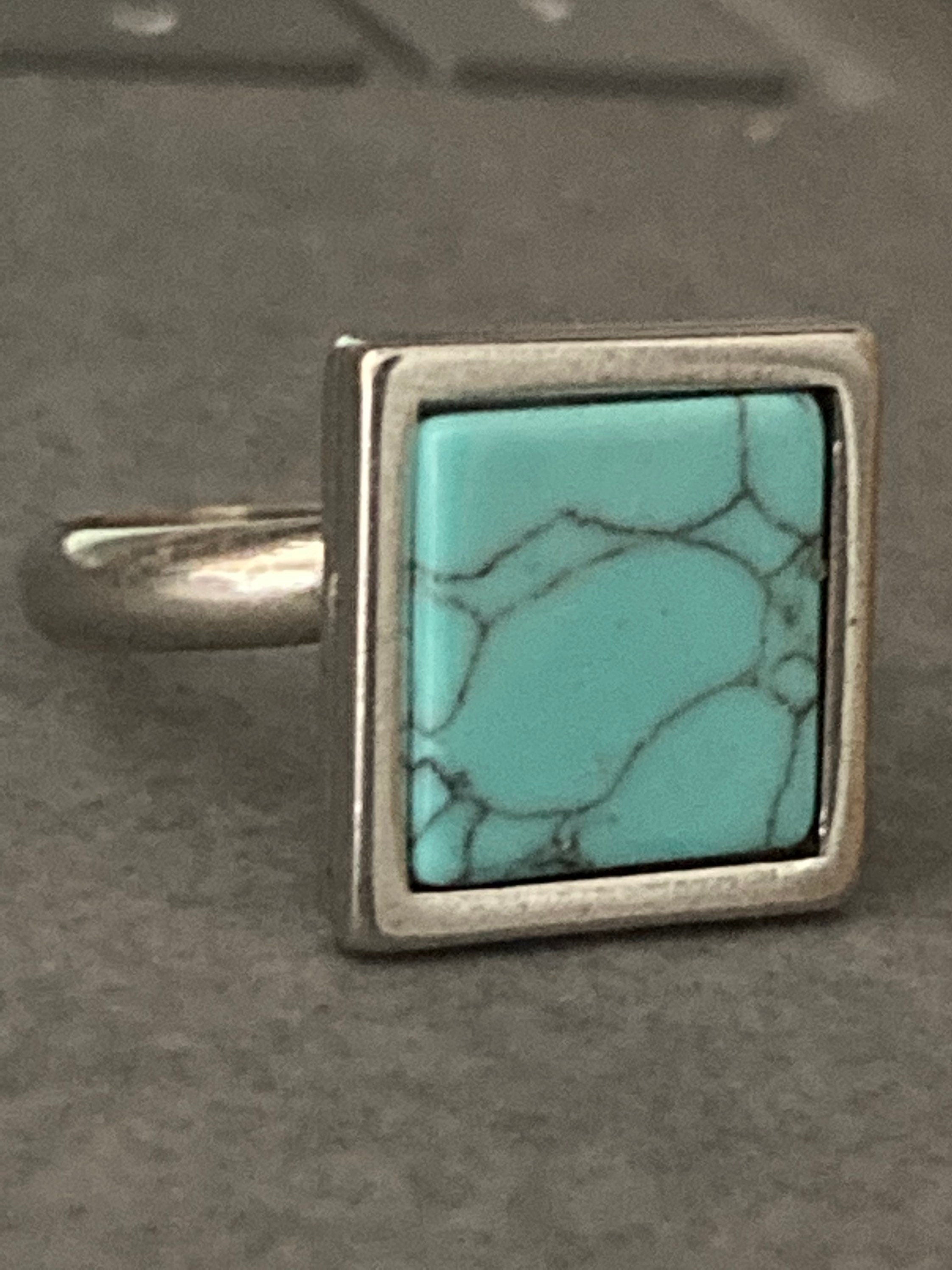 square turquoise blue marble stone tile silver dress ring adjustable size