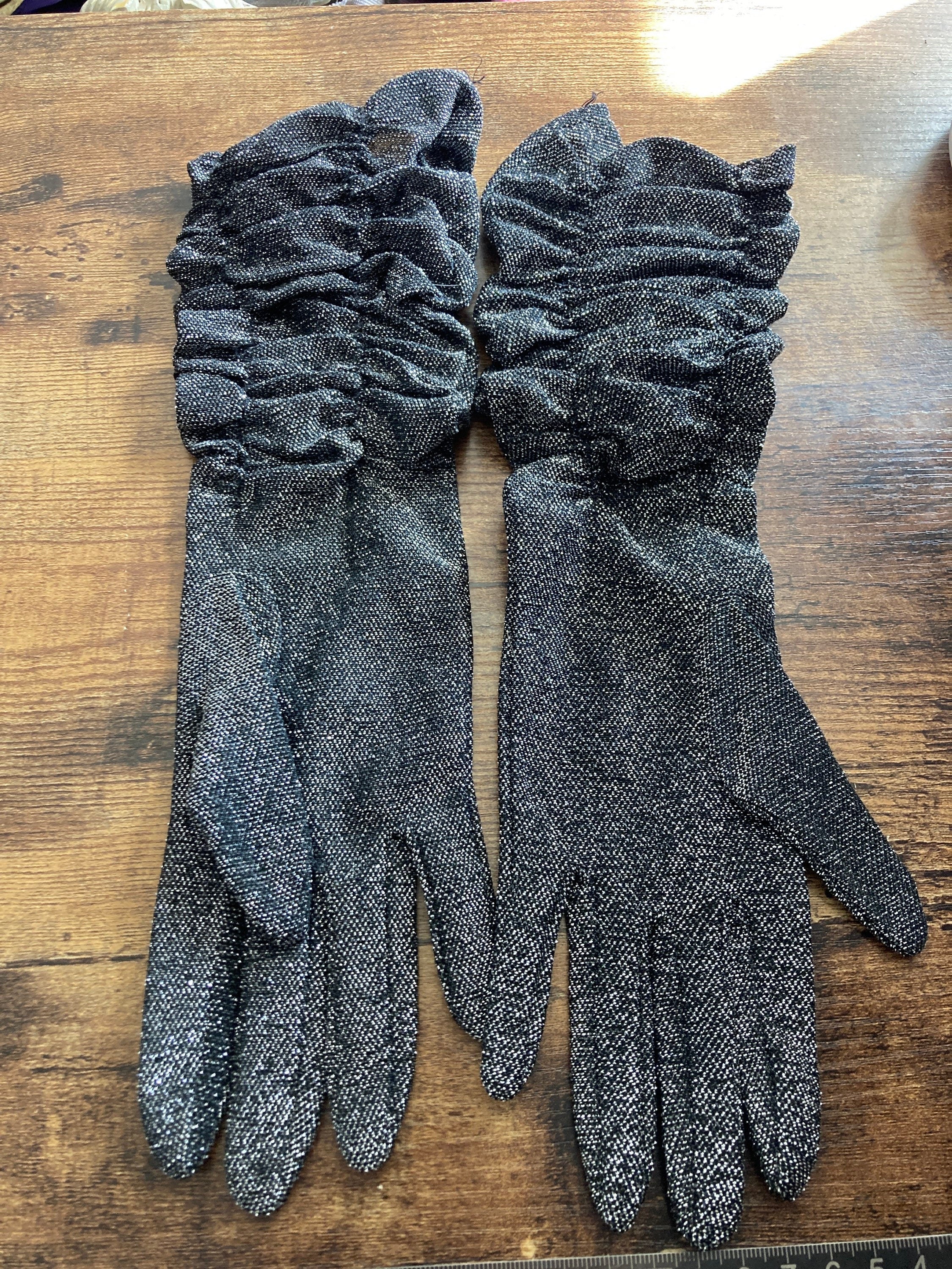 size 6.5 small mid century black silver lurex ruched 32cm length cocktail formal evening gloves