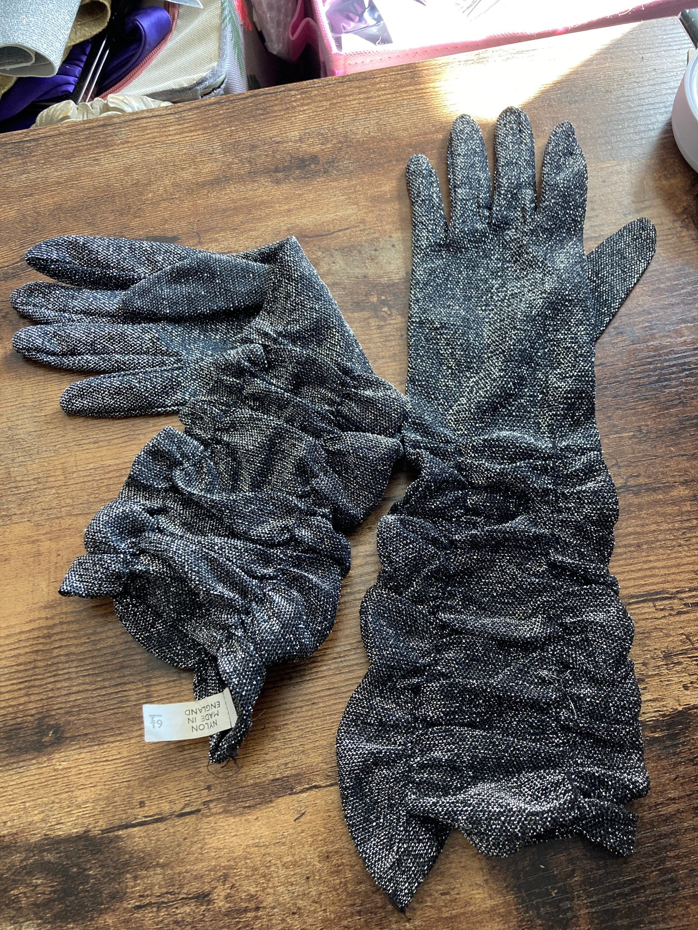 size 6.5 small mid century black silver lurex ruched 32cm length cocktail formal evening gloves