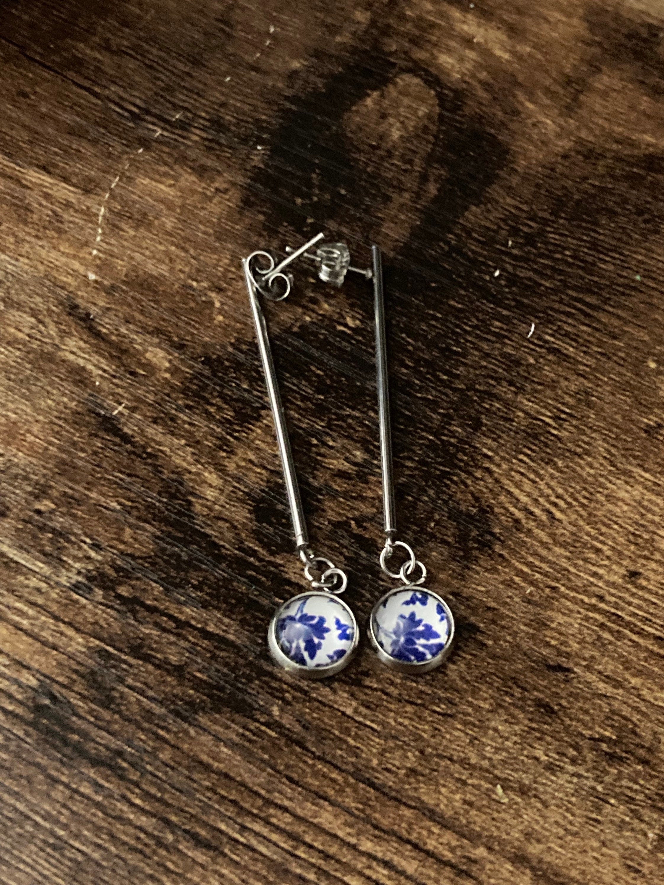 blue white floral long drop earrings for pierced ears Amari style glass cabochons Stainless steel