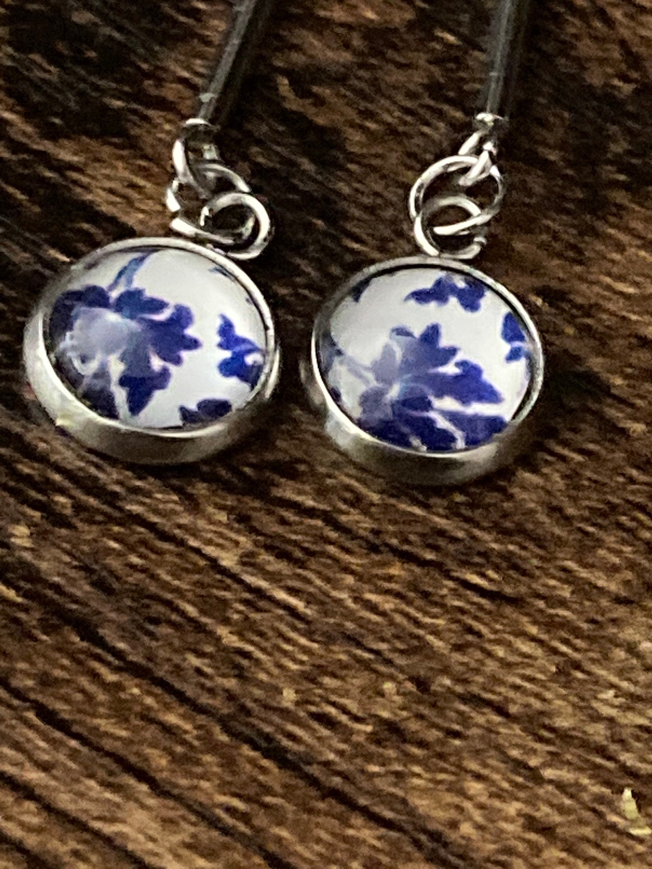 blue white floral long drop earrings for pierced ears Amari style glass cabochons Stainless steel
