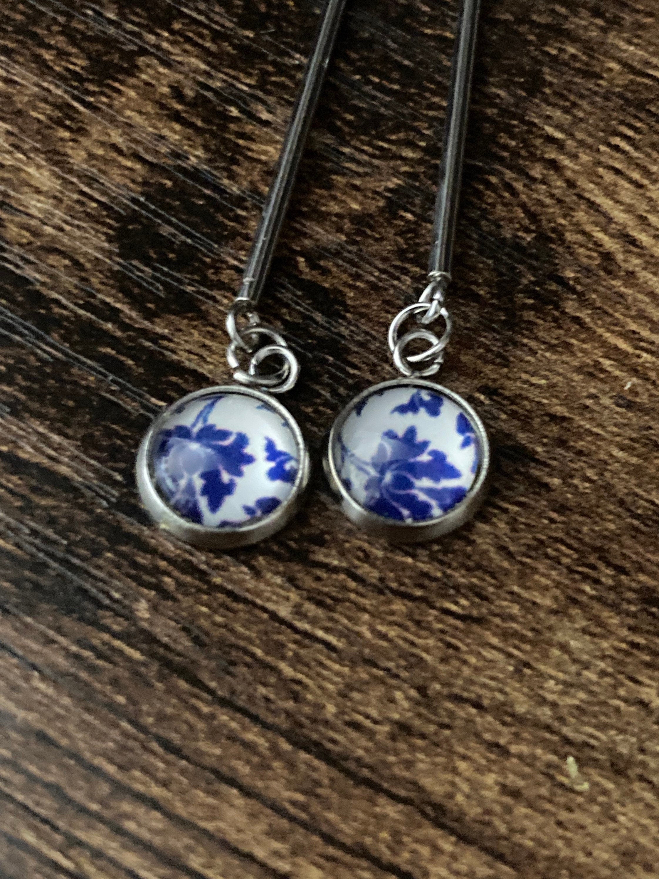 blue white floral long drop earrings for pierced ears Amari style glass cabochons Stainless steel