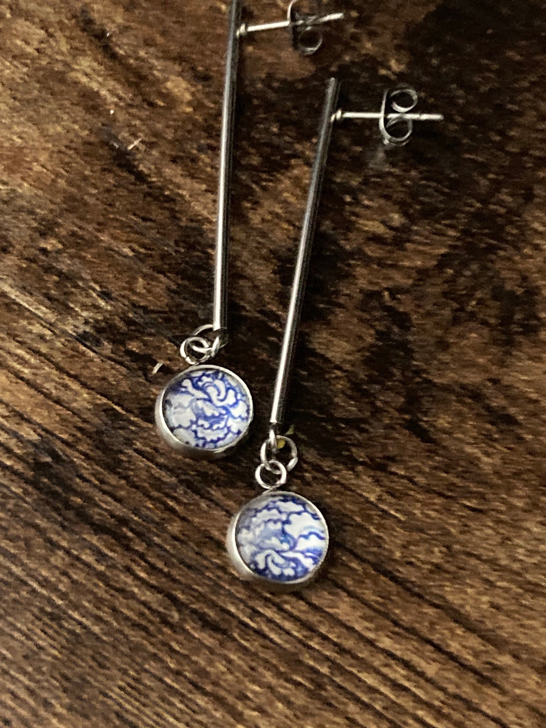 blue white floral long drop earrings for pierced ears Amari style glass cabochons Stainless steel