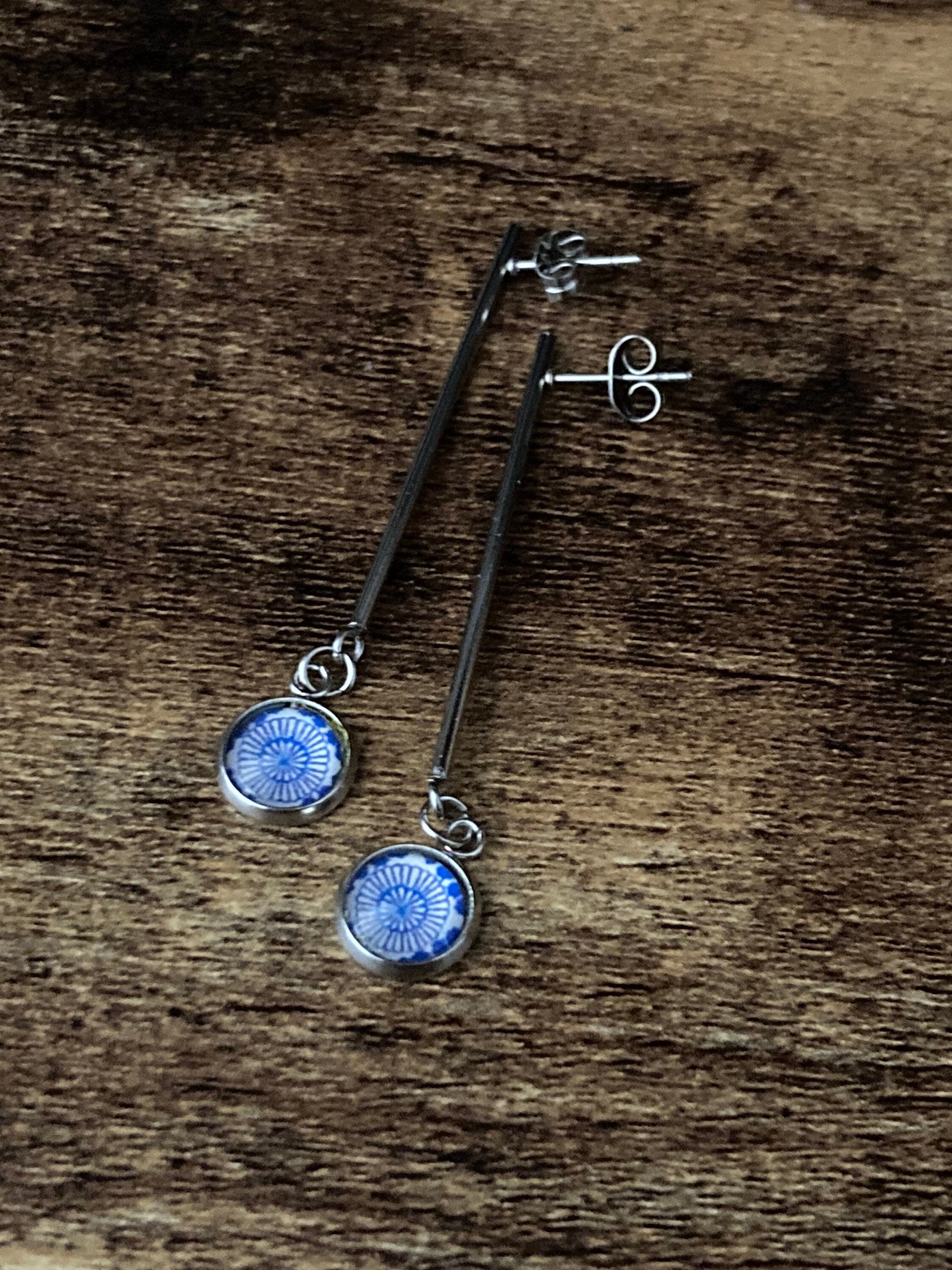 blue white floral long drop earrings for pierced ears Amari style glass cabochons Stainless steel