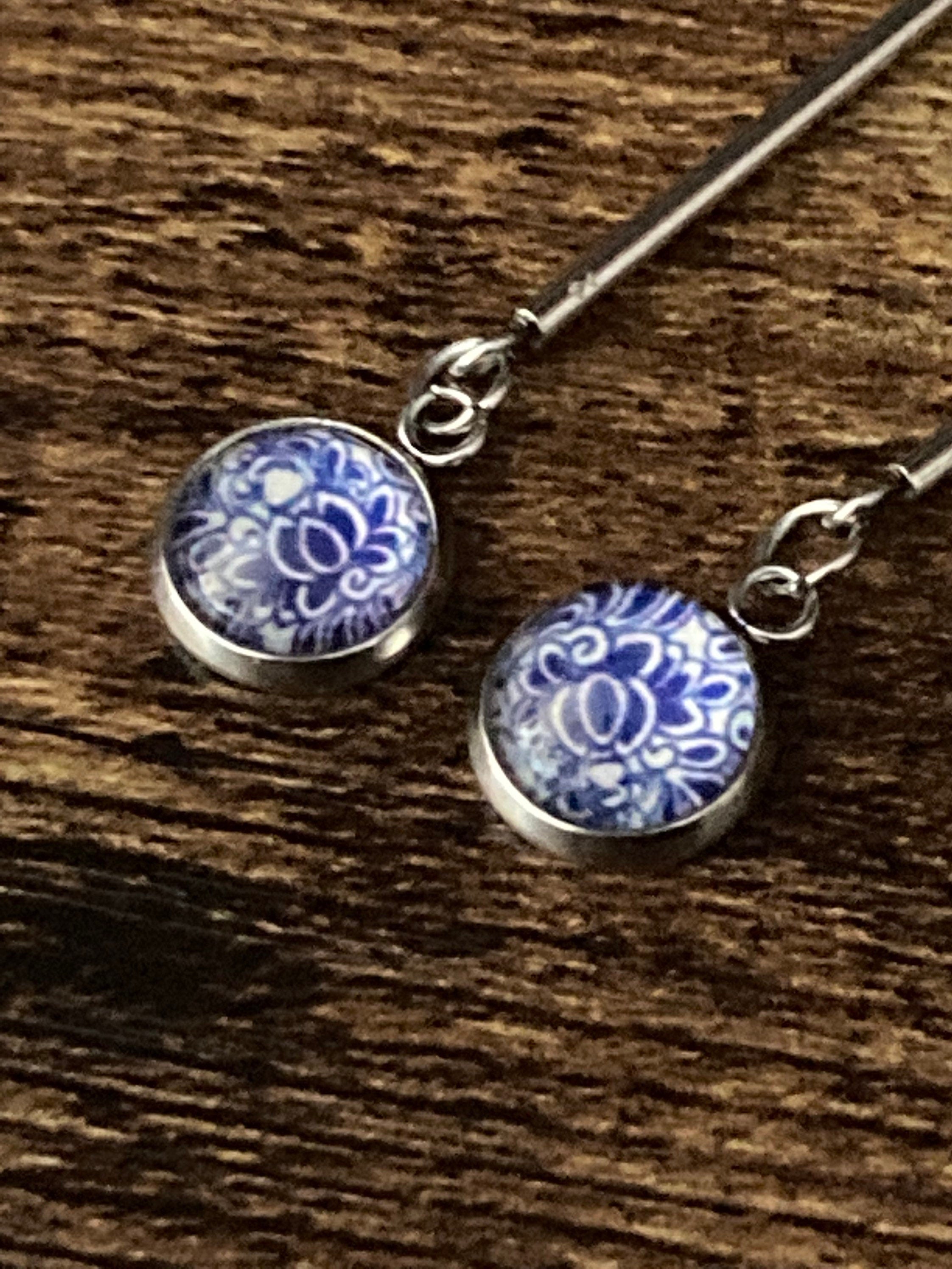 blue white floral long drop earrings for pierced ears Amari style glass cabochons Stainless steel