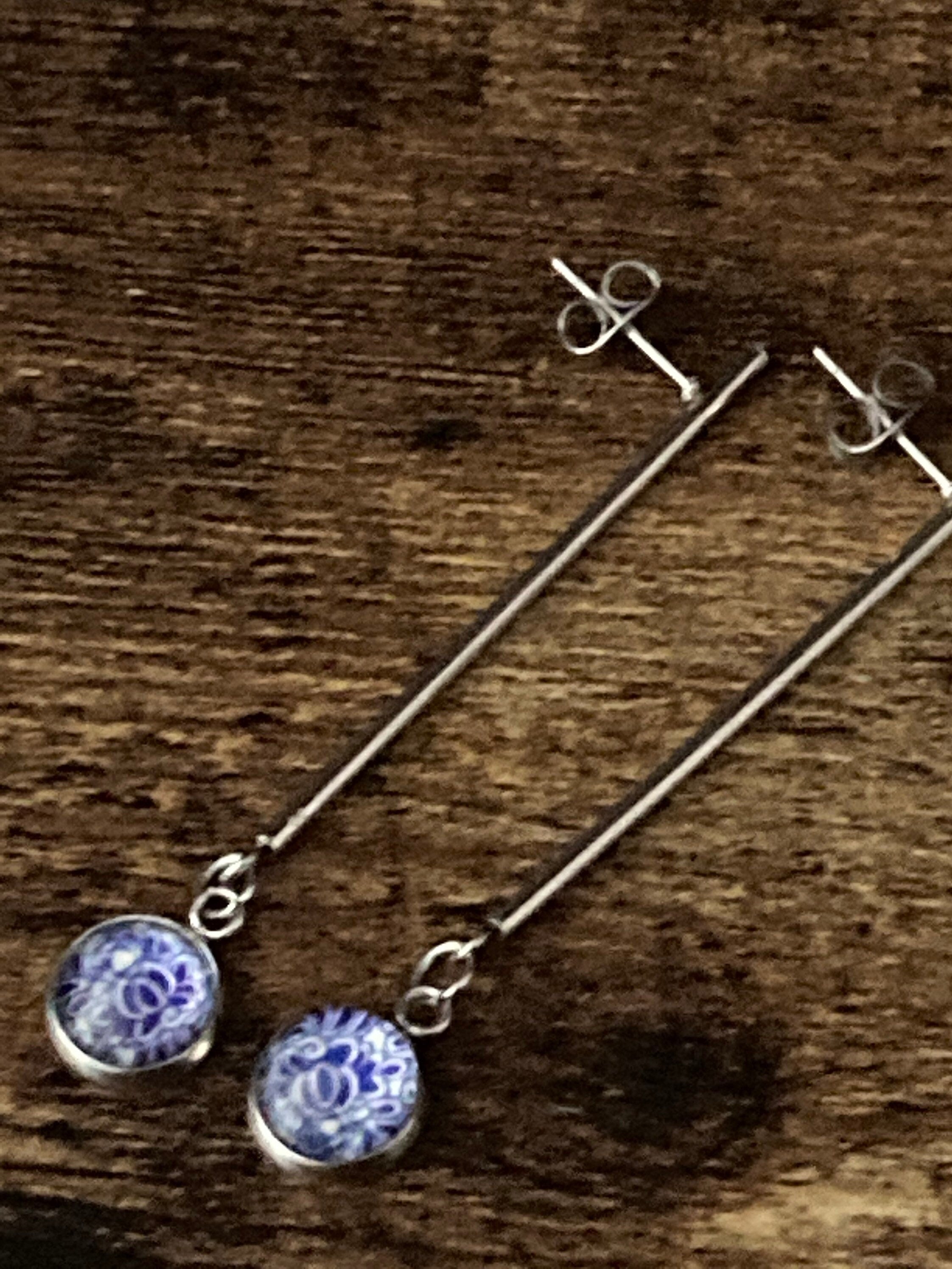 blue white floral long drop earrings for pierced ears Amari style glass cabochons Stainless steel