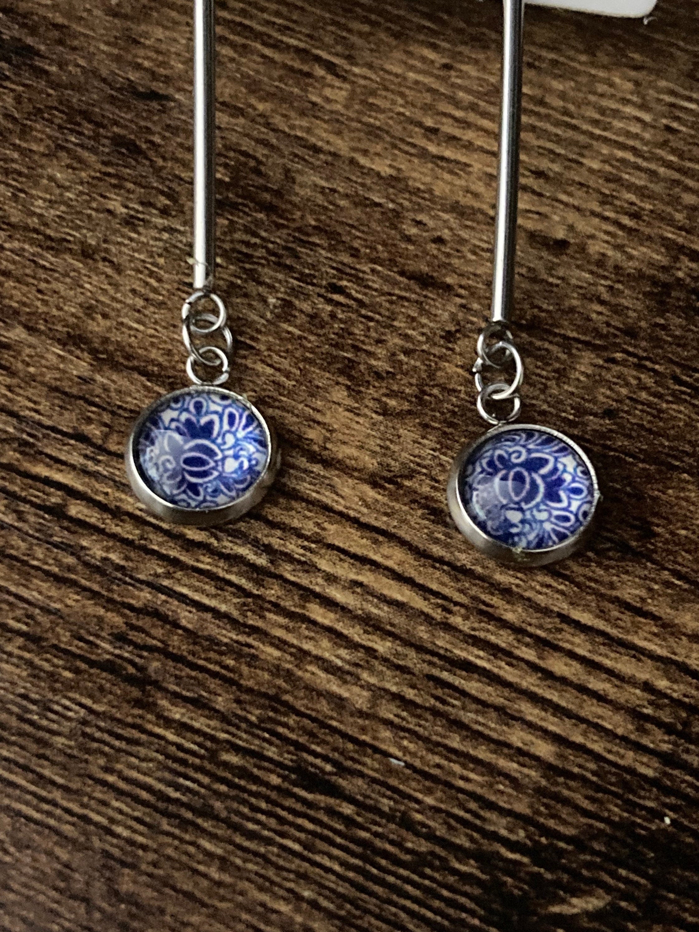 blue white floral long drop earrings for pierced ears Amari style glass cabochons Stainless steel