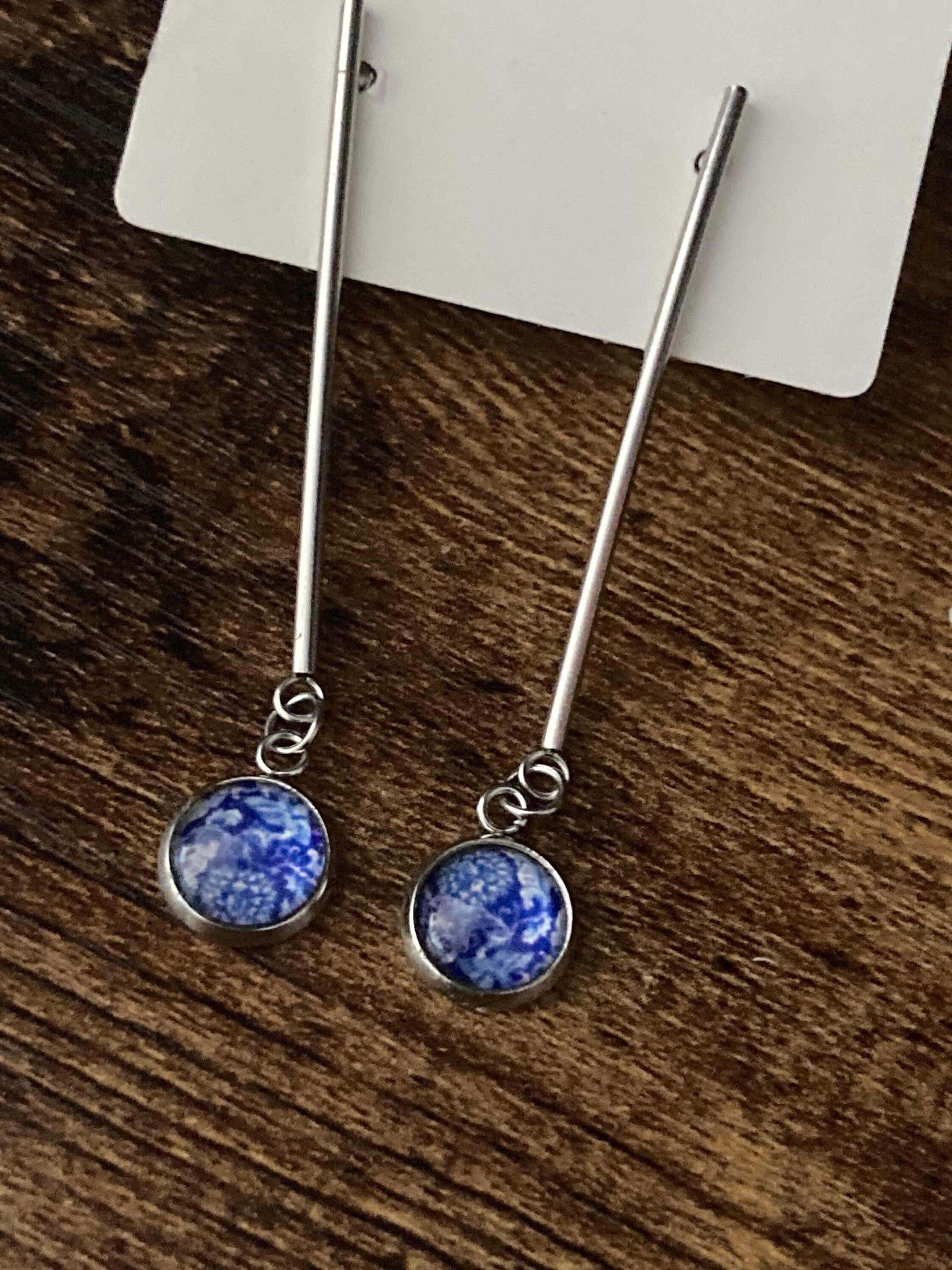 blue white Amari style dangly drop earrings pierced ears