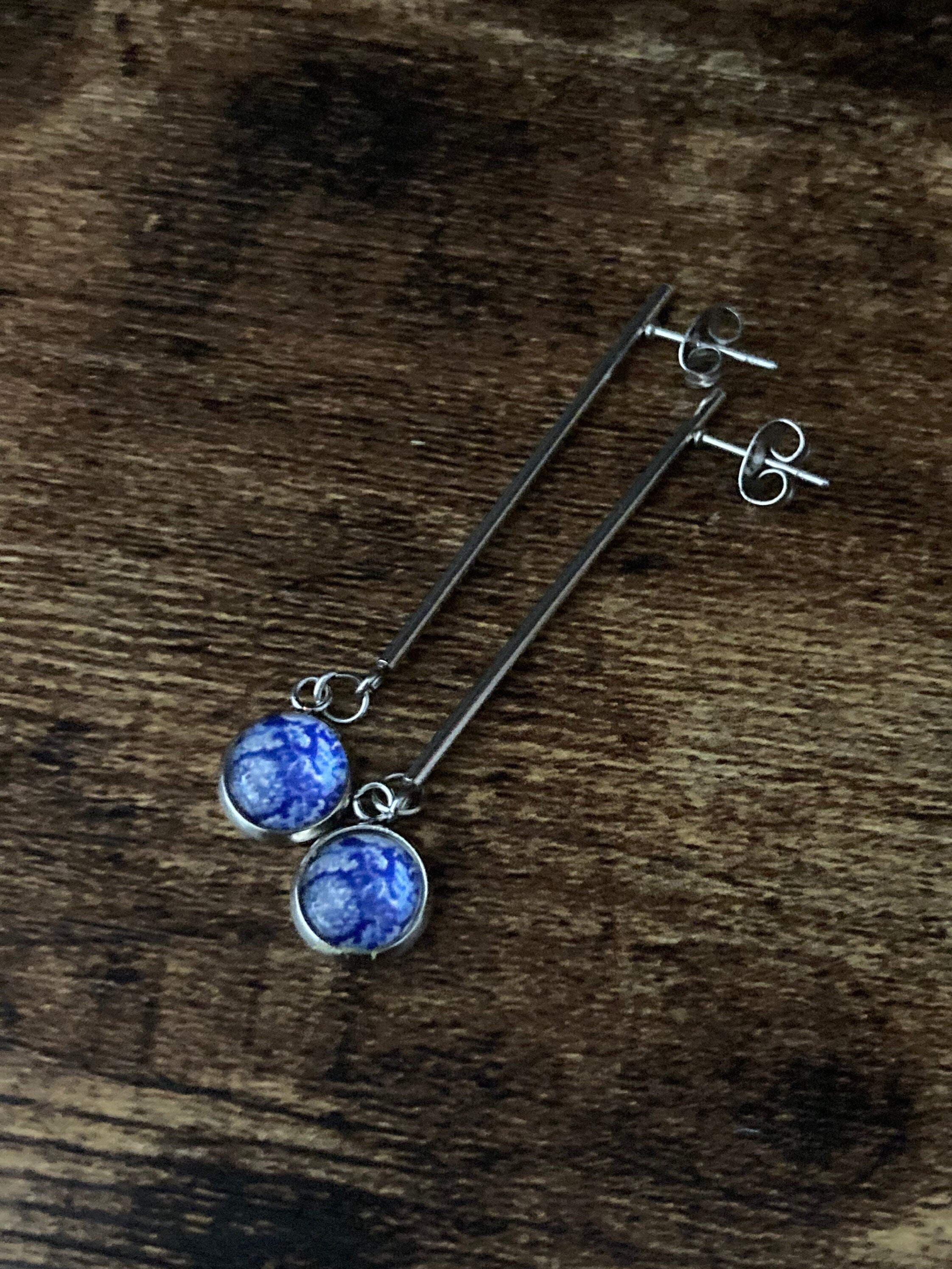 blue white Amari style dangly drop earrings pierced ears