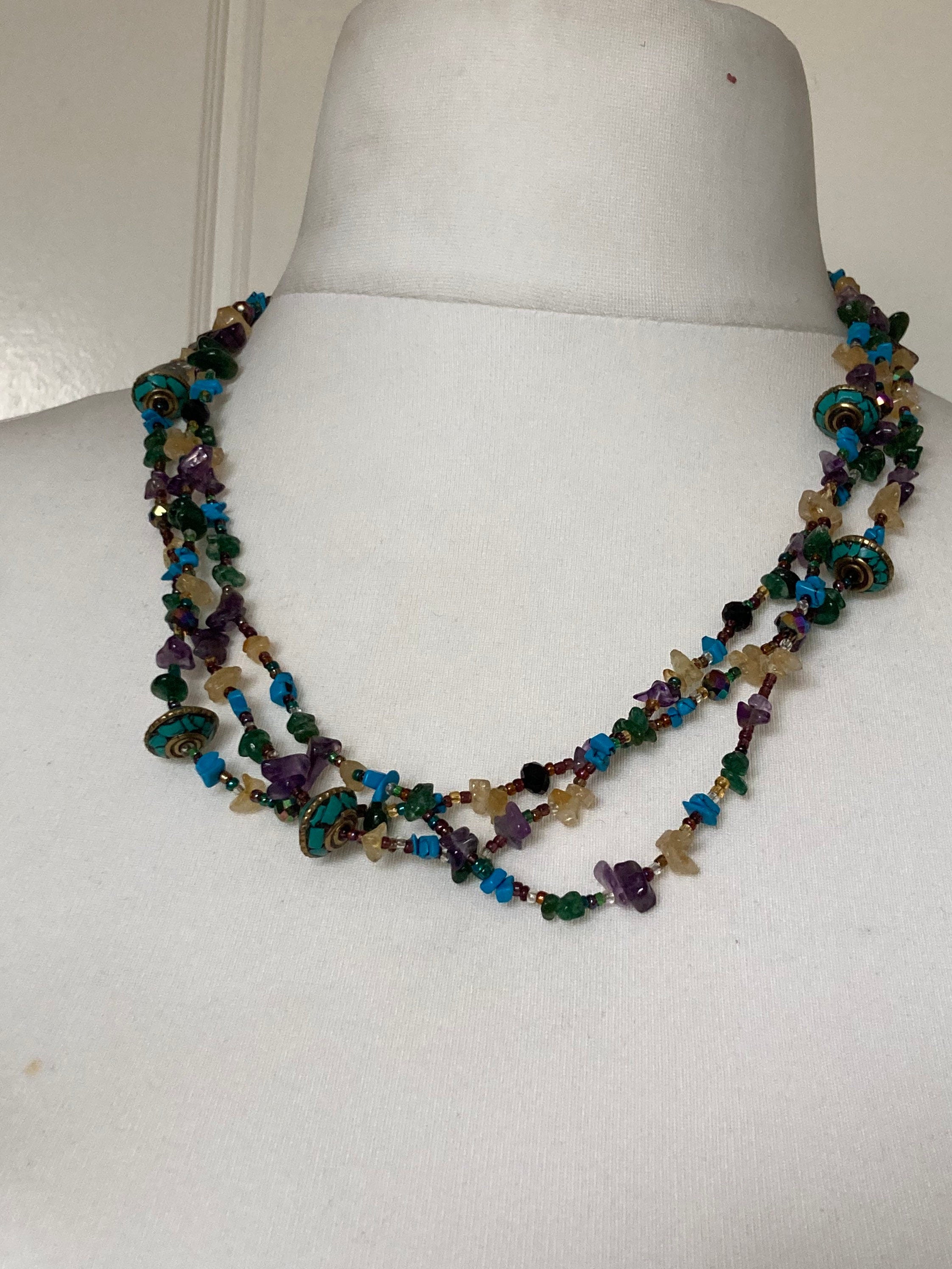 Eastern beaded necklace with turquoise cream amethyst gemstones