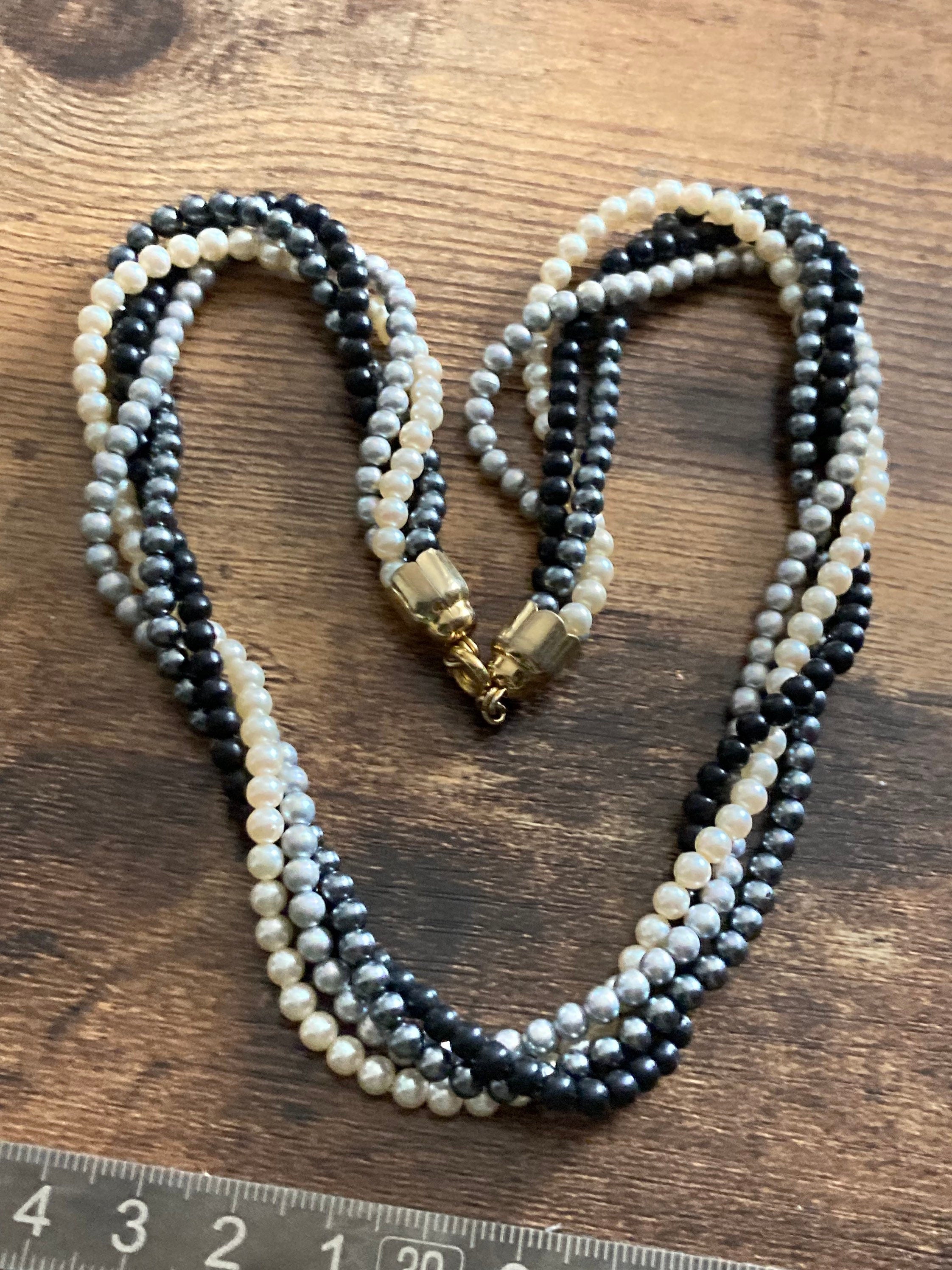 Vintage retro black cream grey plastic beaded Pearl twisted multi strand choker necklace gold tone