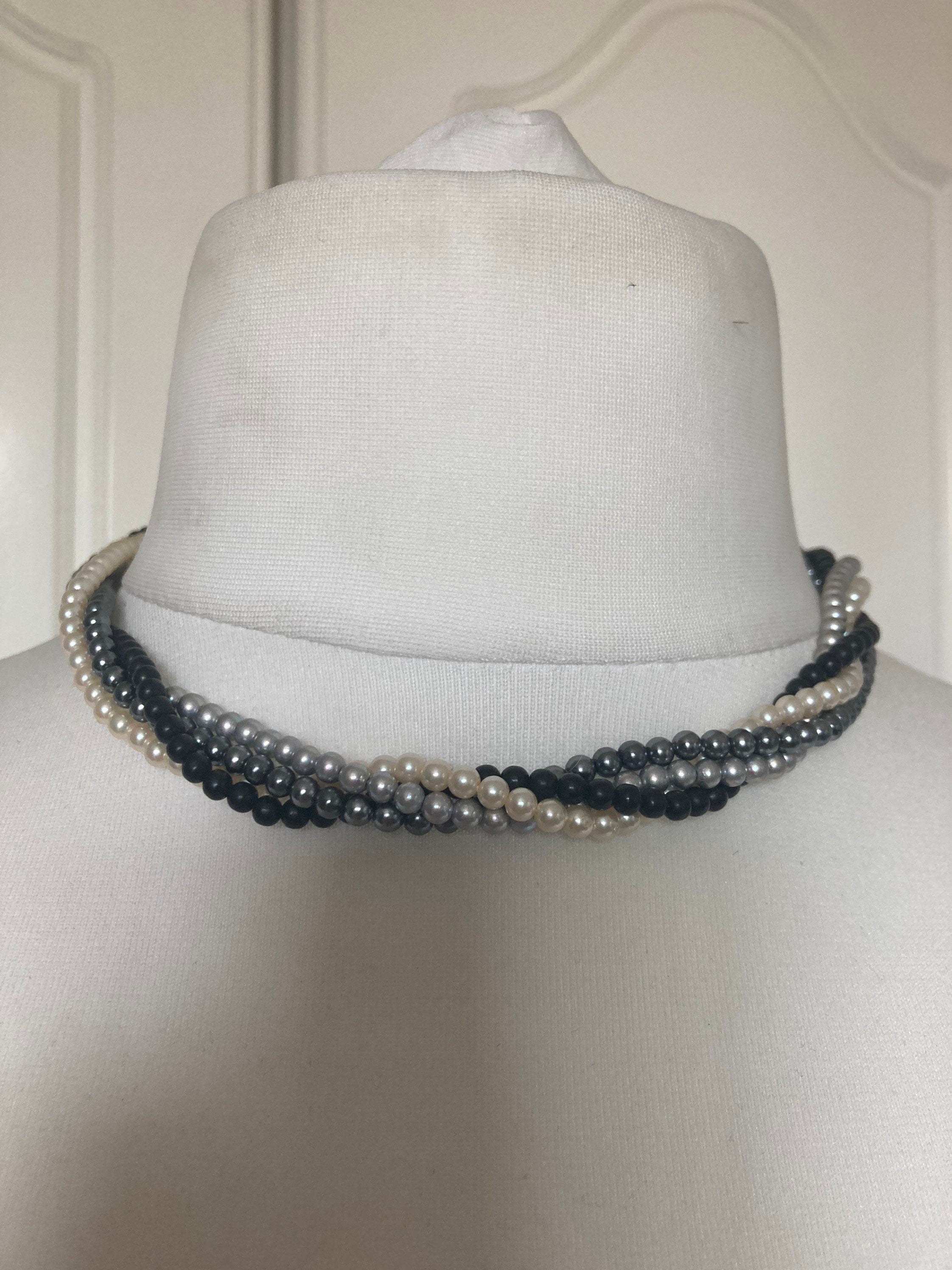 Vintage retro black cream grey plastic beaded Pearl twisted multi strand choker necklace gold tone