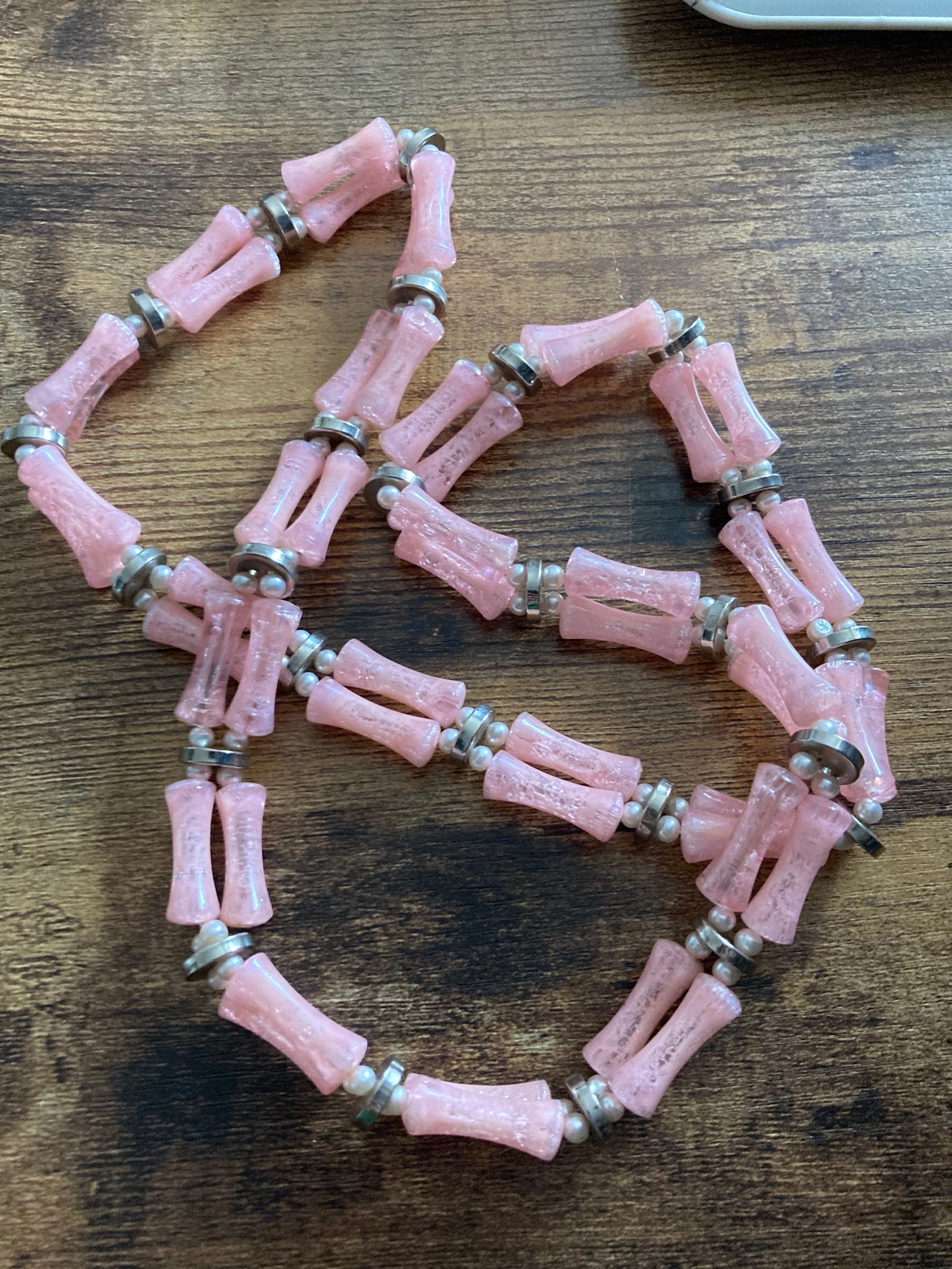 Vintage 1960s 2 strand pink plastic beaded faux Pearl long necklace