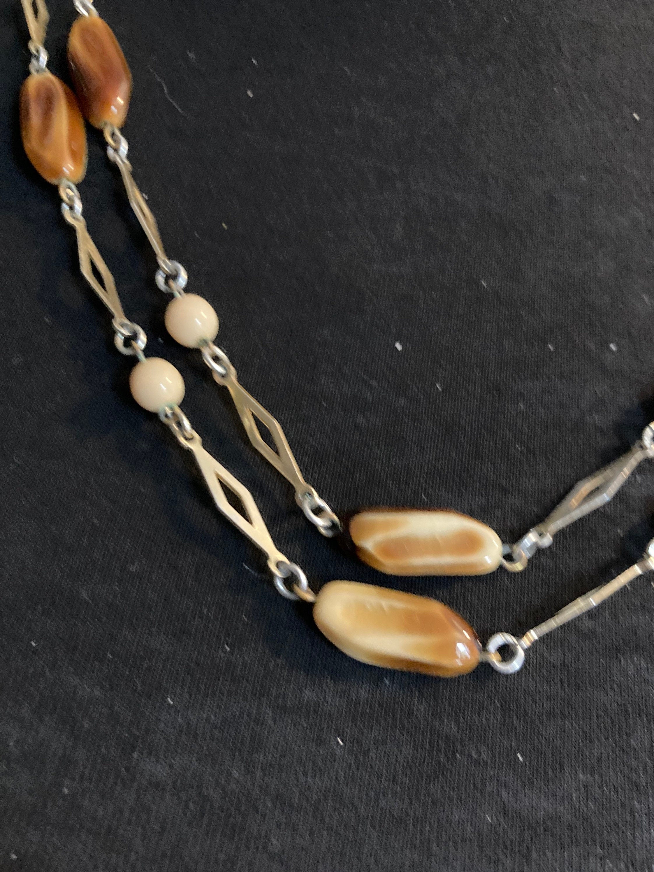 Vintage gold tone metal station chain link necklace brown glass beads