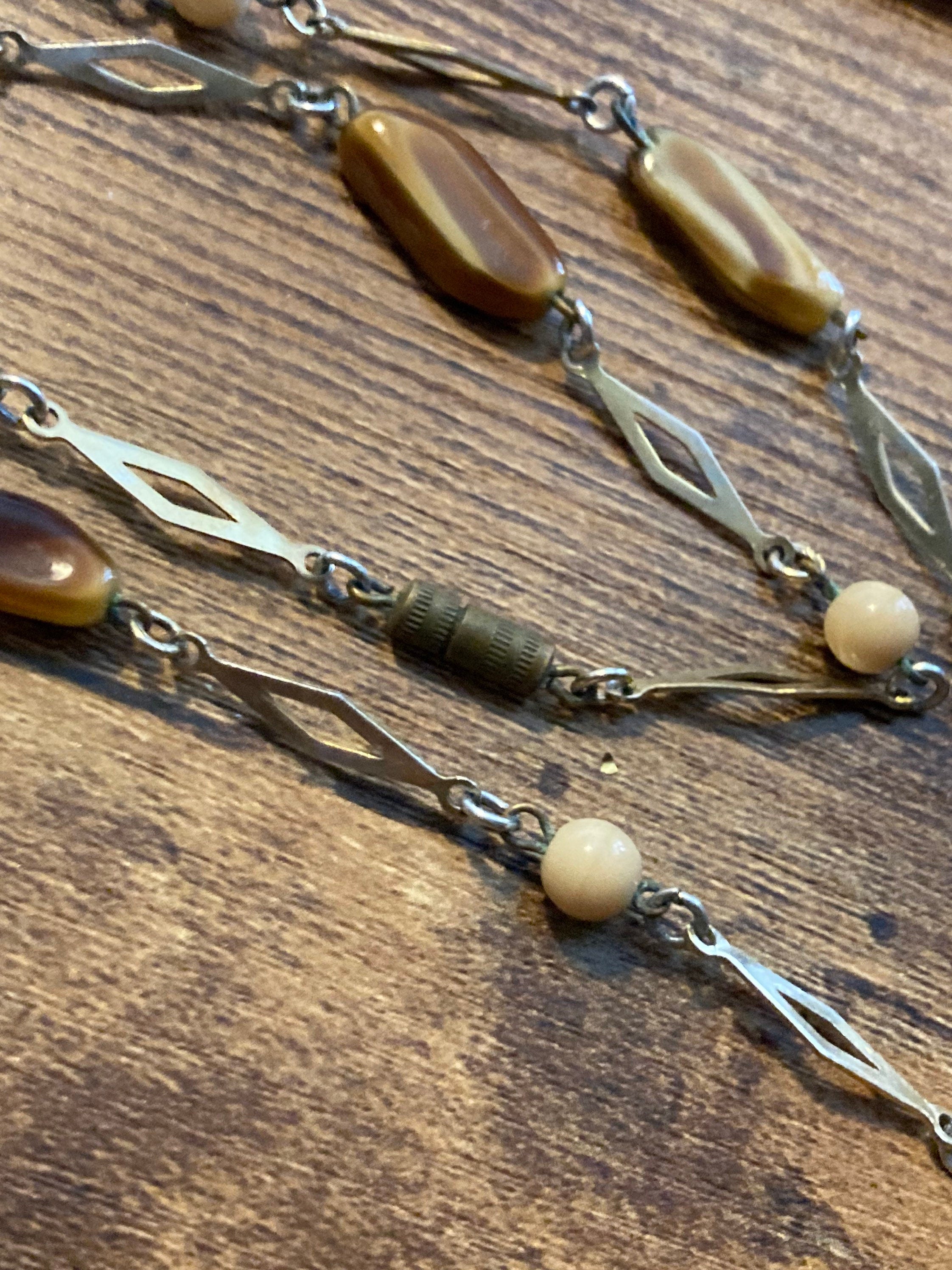 Vintage gold tone metal station chain link necklace brown glass beads