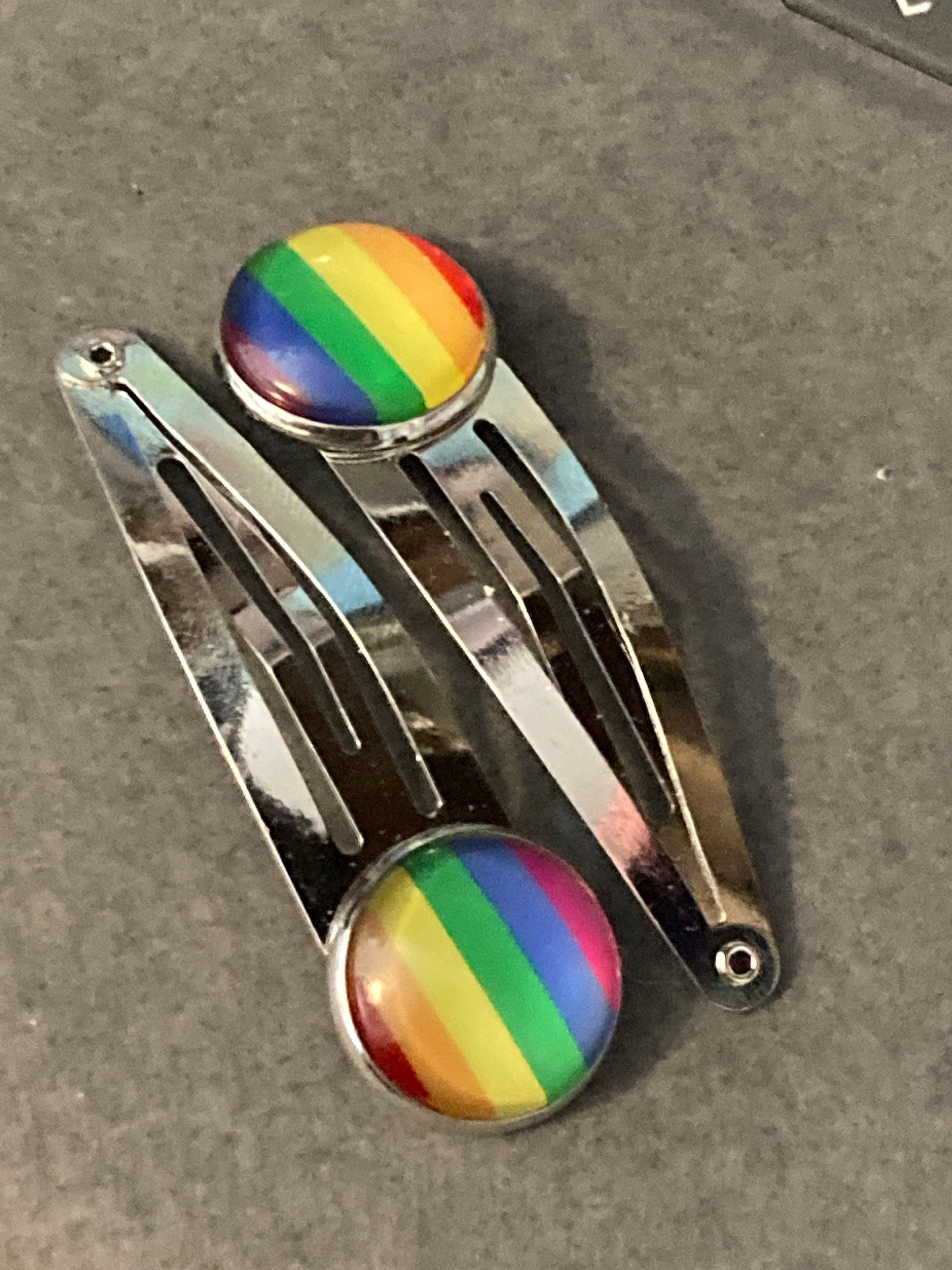Rainbow hair clips silver tone snap lock