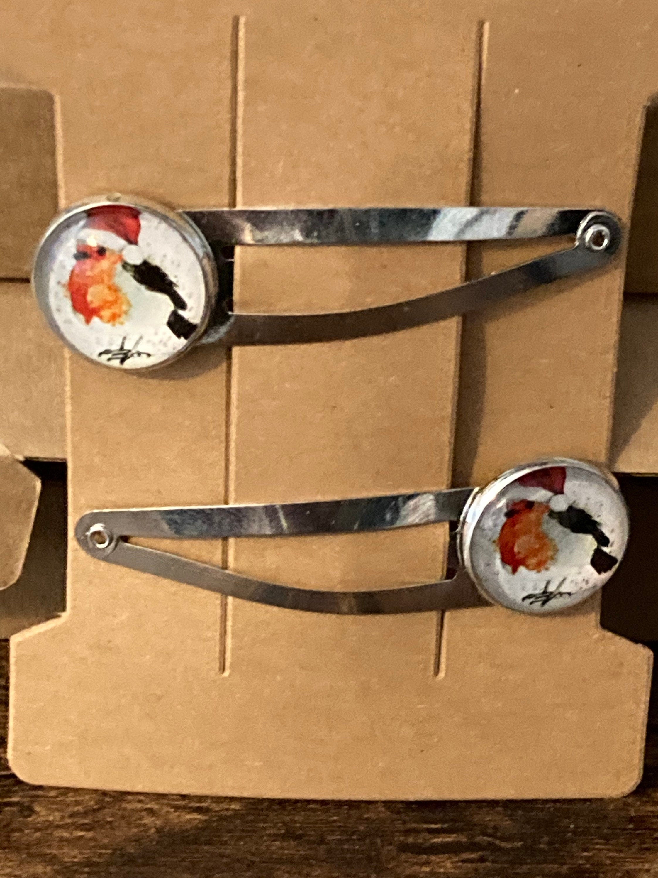 Pair of silver Christmas robin hair slides hair grips