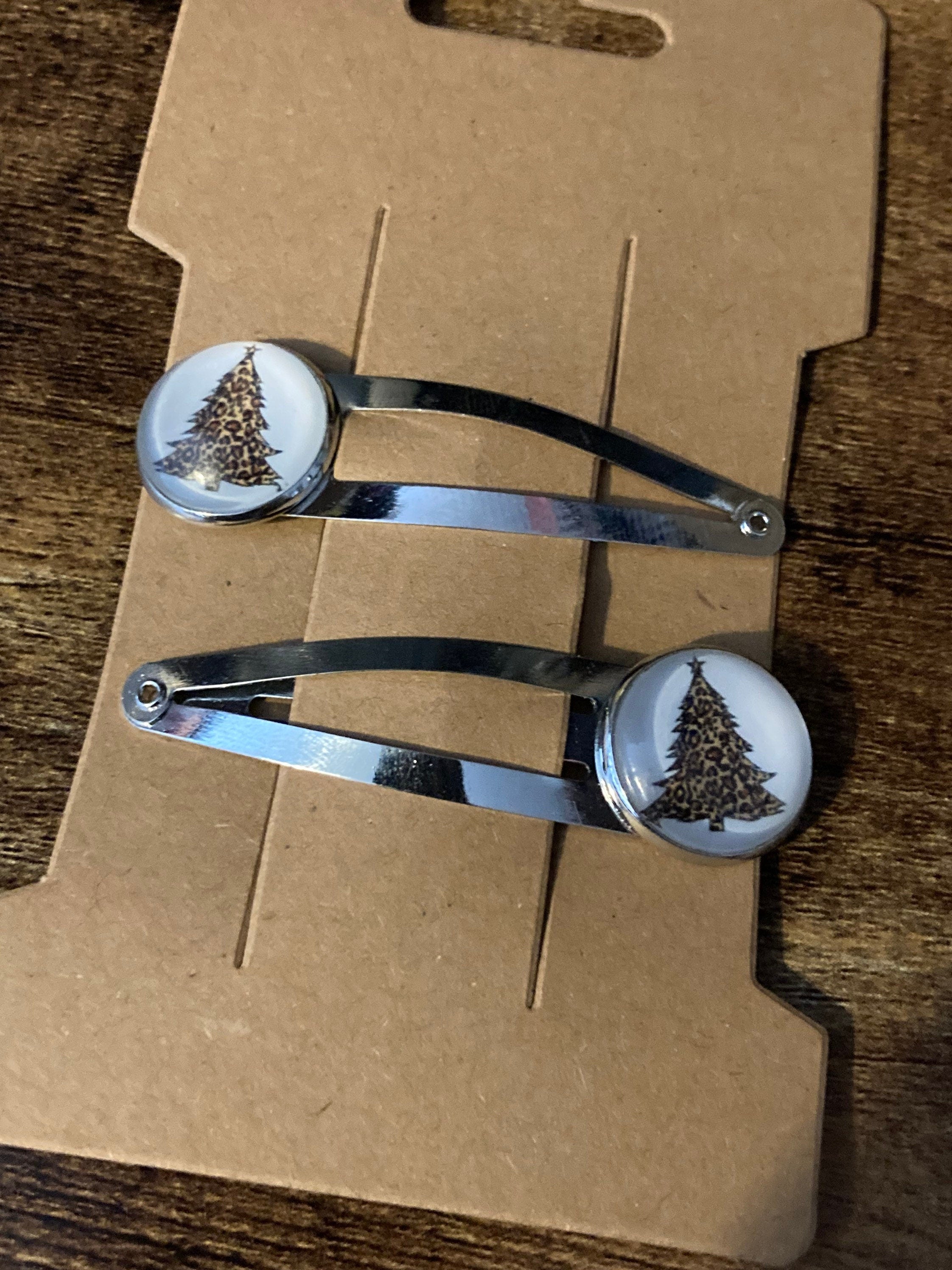Pair of 2 silver leopard print Christmas tree hair slides