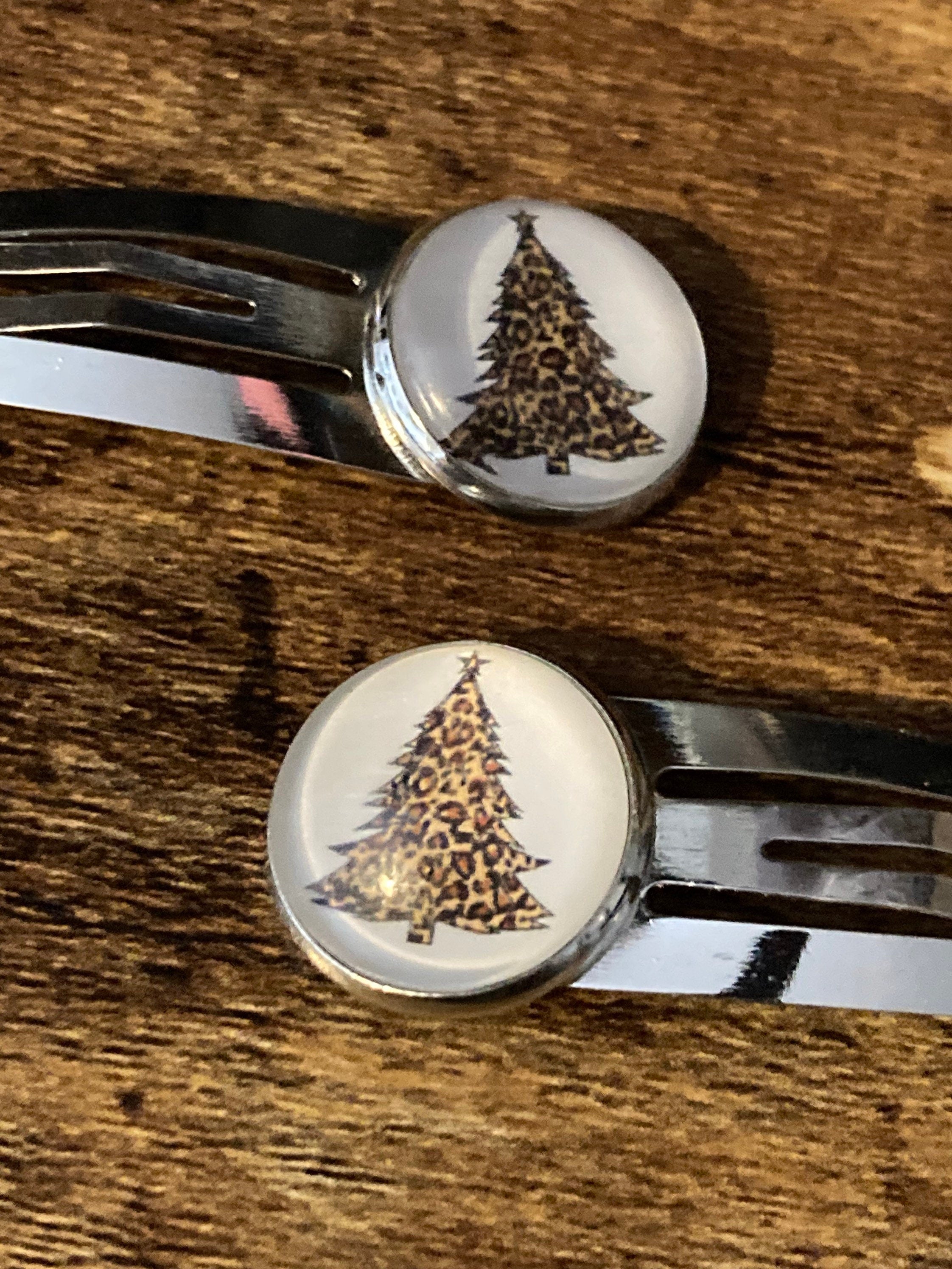 Pair of 2 silver leopard print Christmas tree hair slides