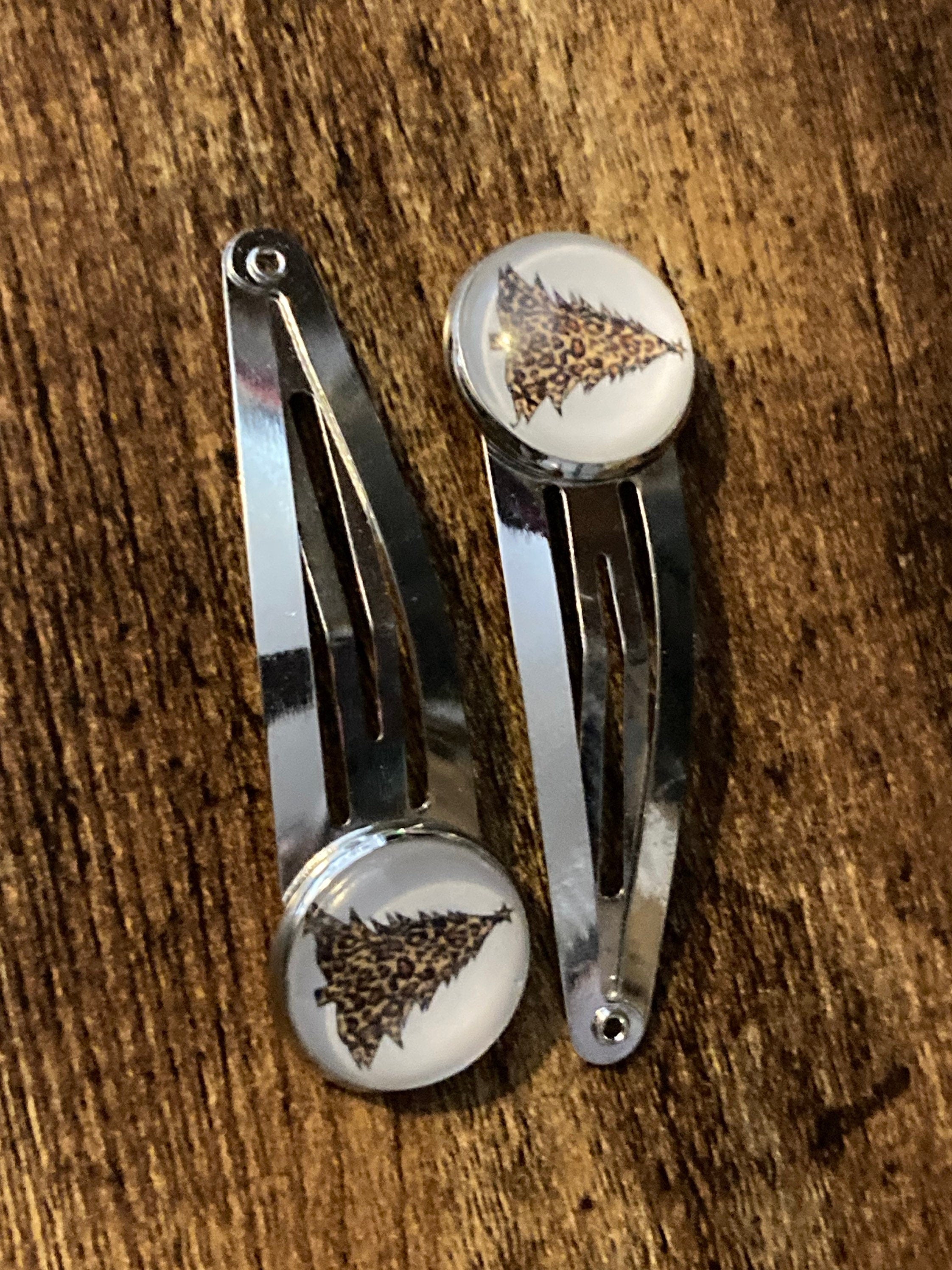 Pair of 2 silver leopard print Christmas tree hair slides