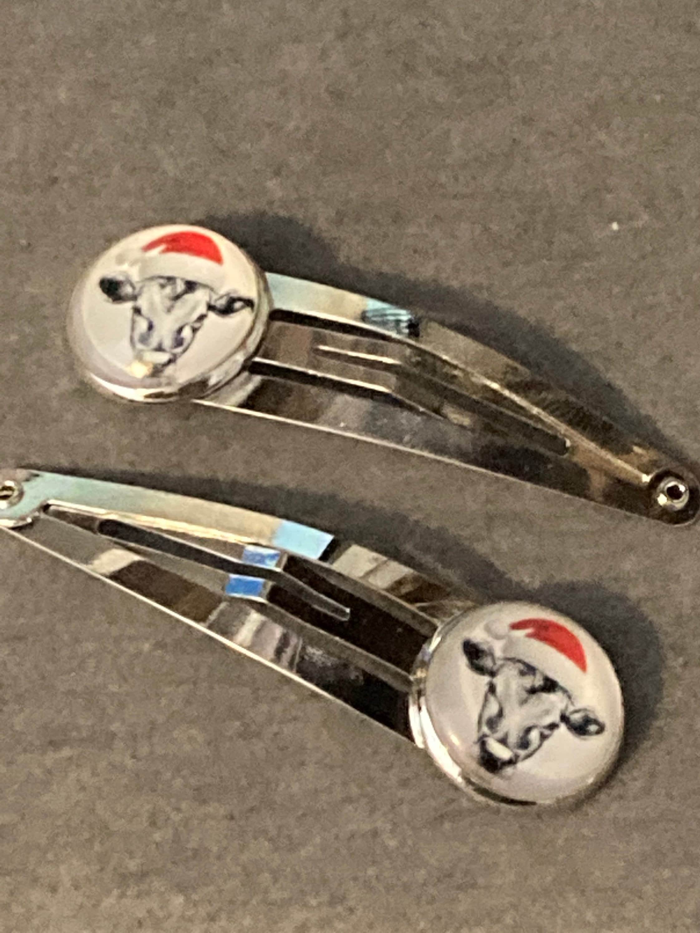 Pair silver Christmas cow  silver hair slides