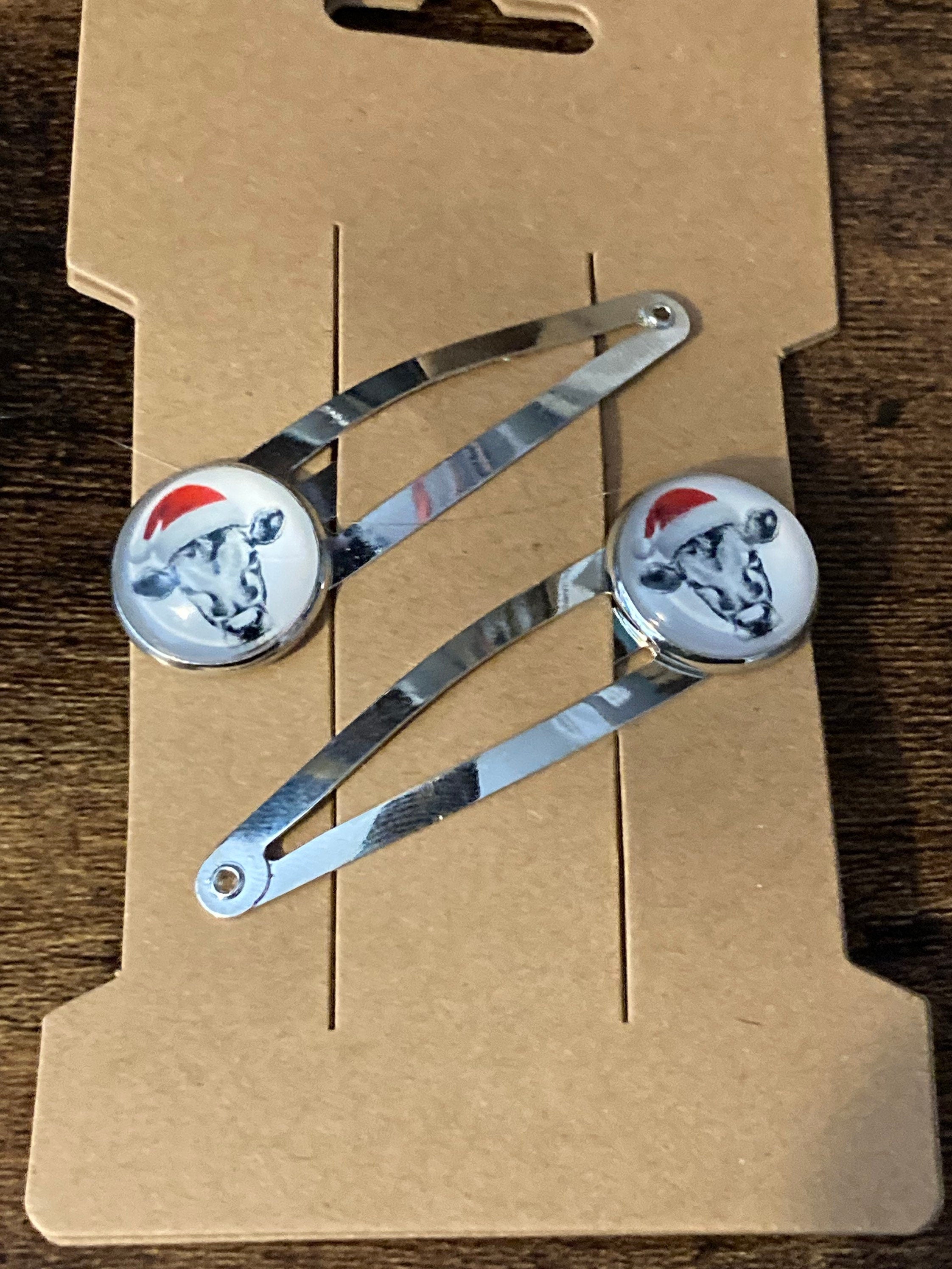 Pair silver Christmas cow  silver hair slides