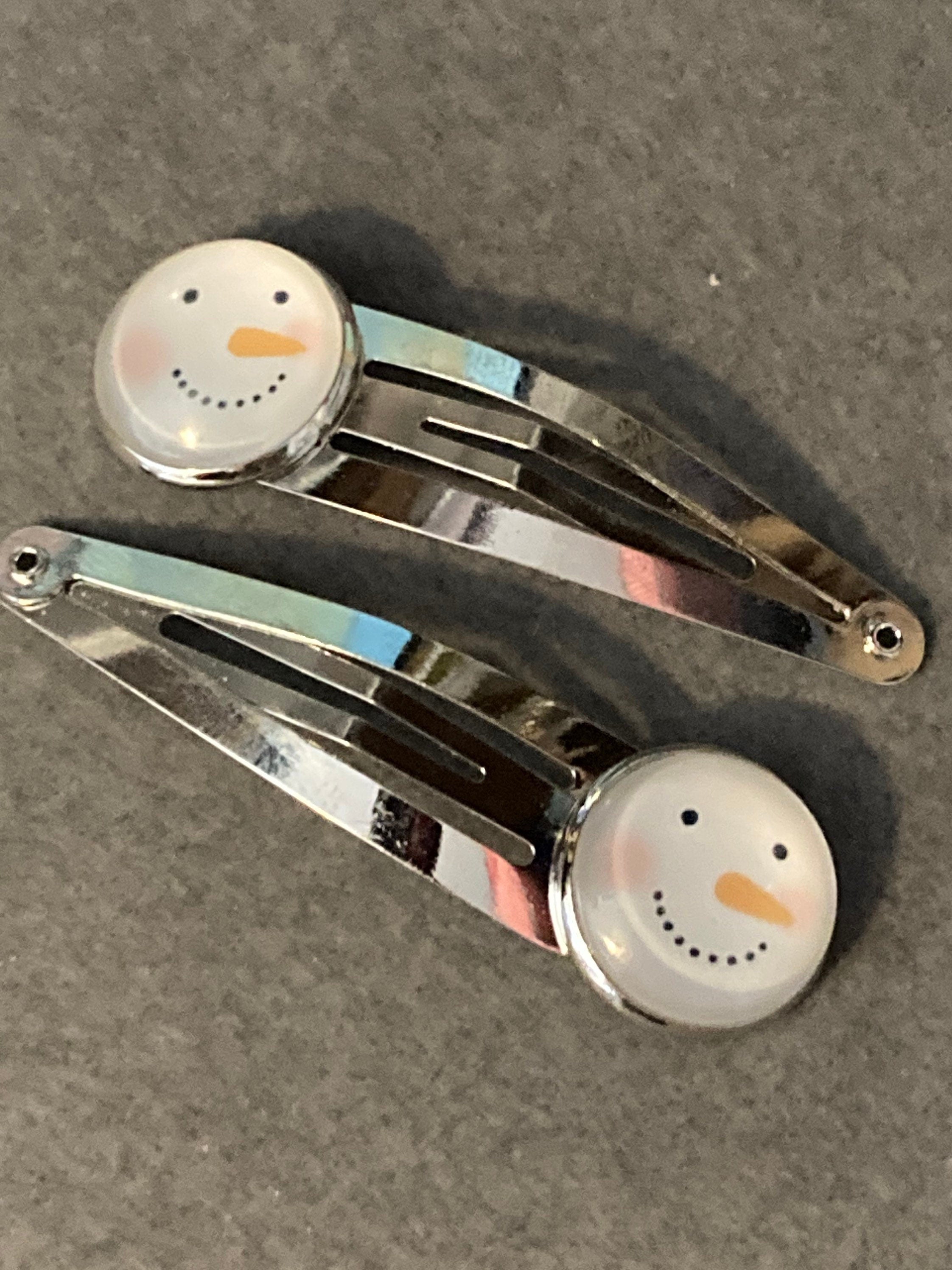 Pair of 2 Christmas snowman silver hair slides