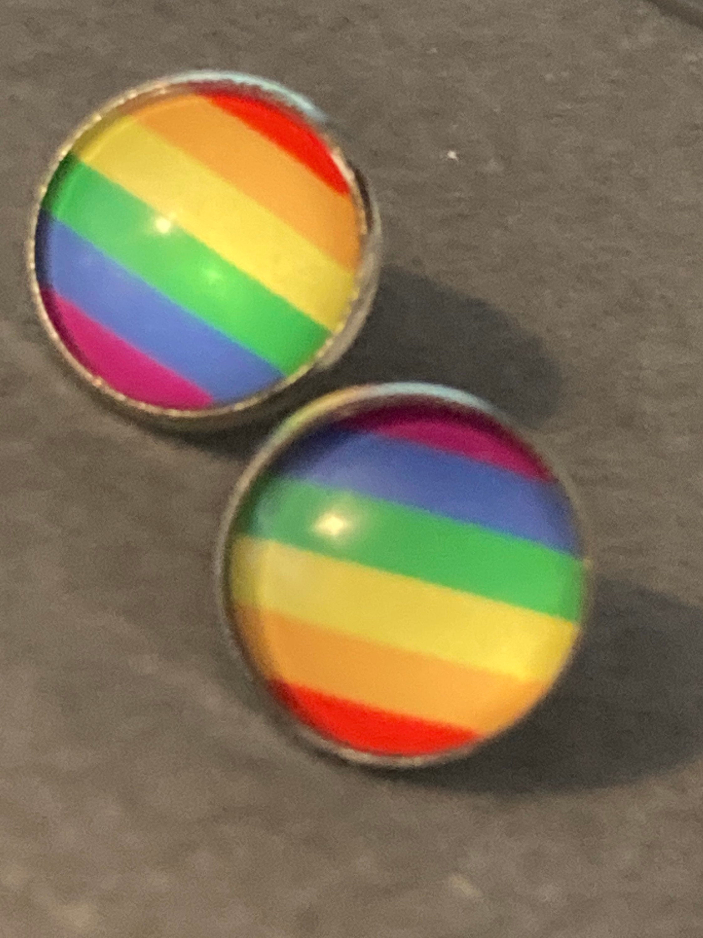 rainbow stud earrings glass cabochon pierced stainless steel
