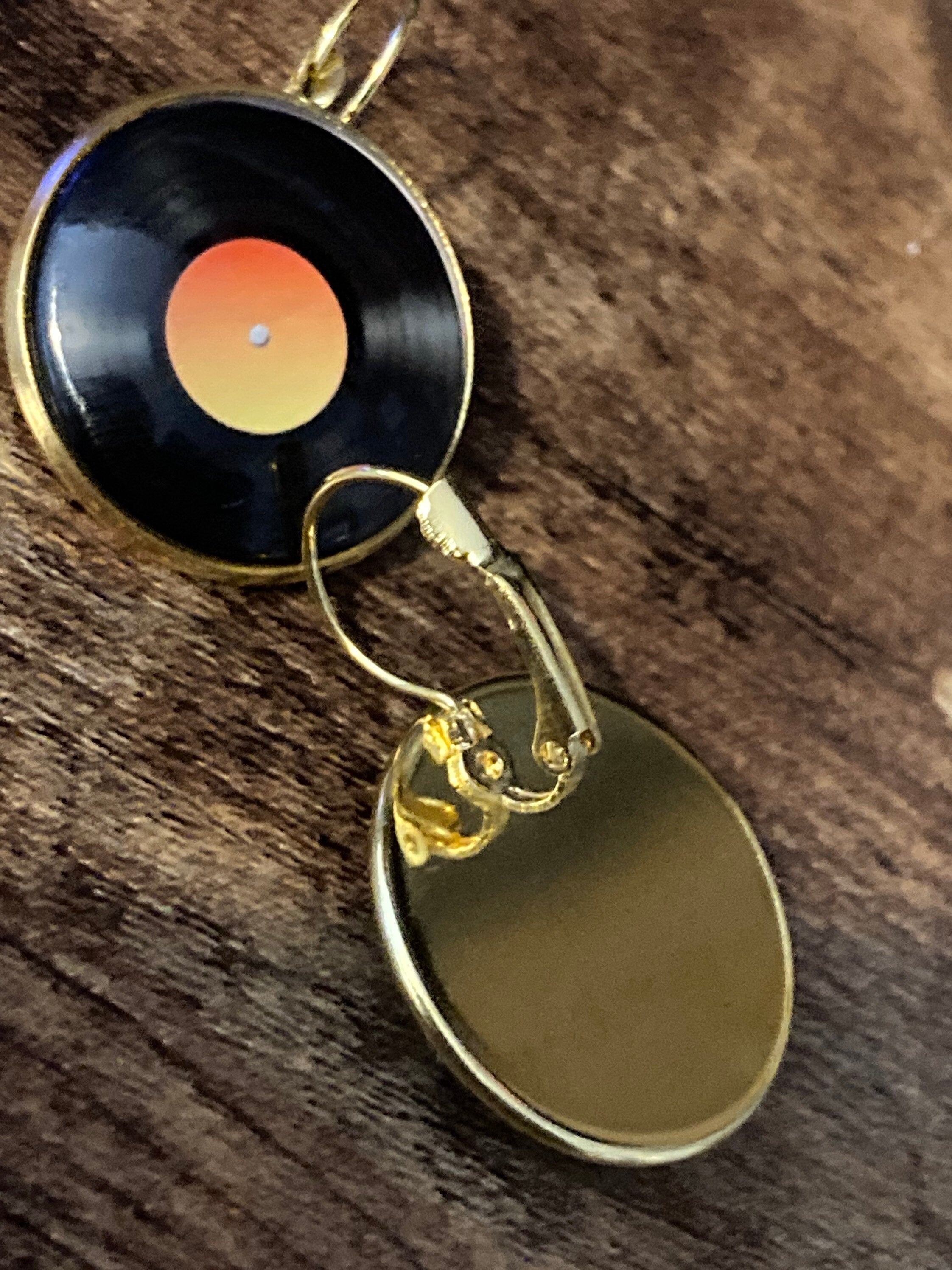 25mm Vinyl record drop earrings glass Retro style Black orange disc