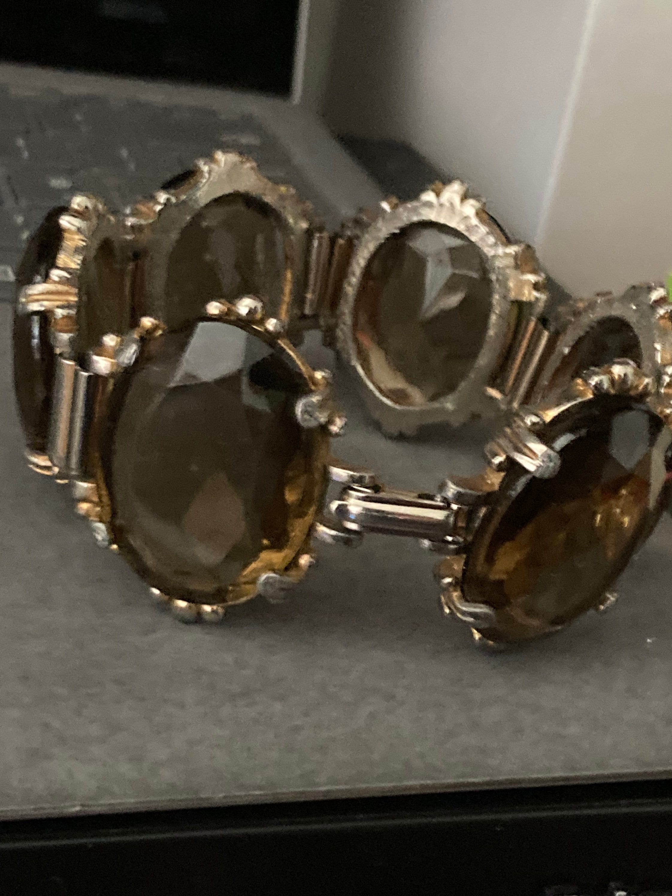 Vintage oversized dark brown cognac Glass Cabochon Gold Tone cocktail bracelet