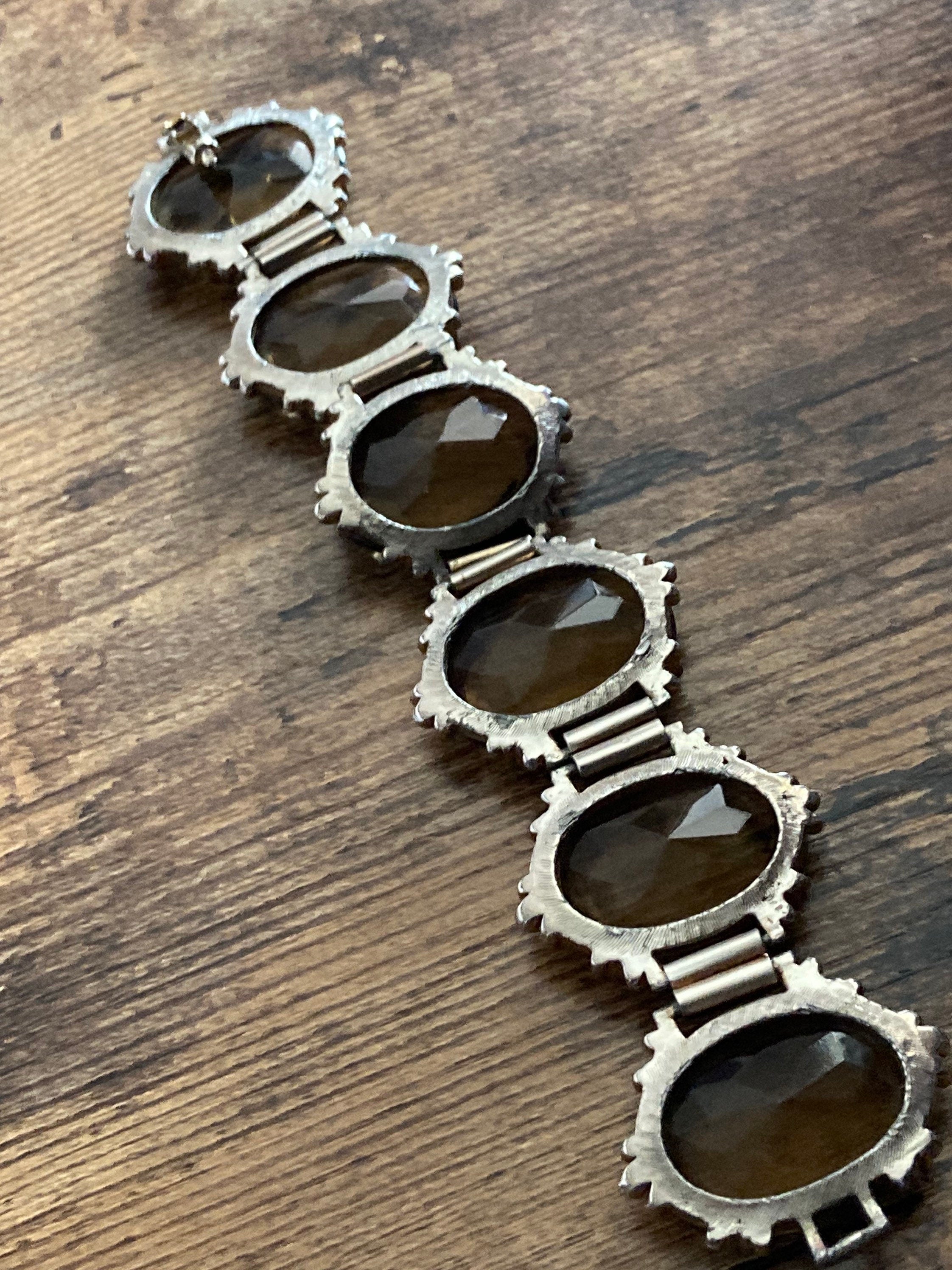 Vintage oversized dark brown cognac Glass Cabochon Gold Tone cocktail bracelet