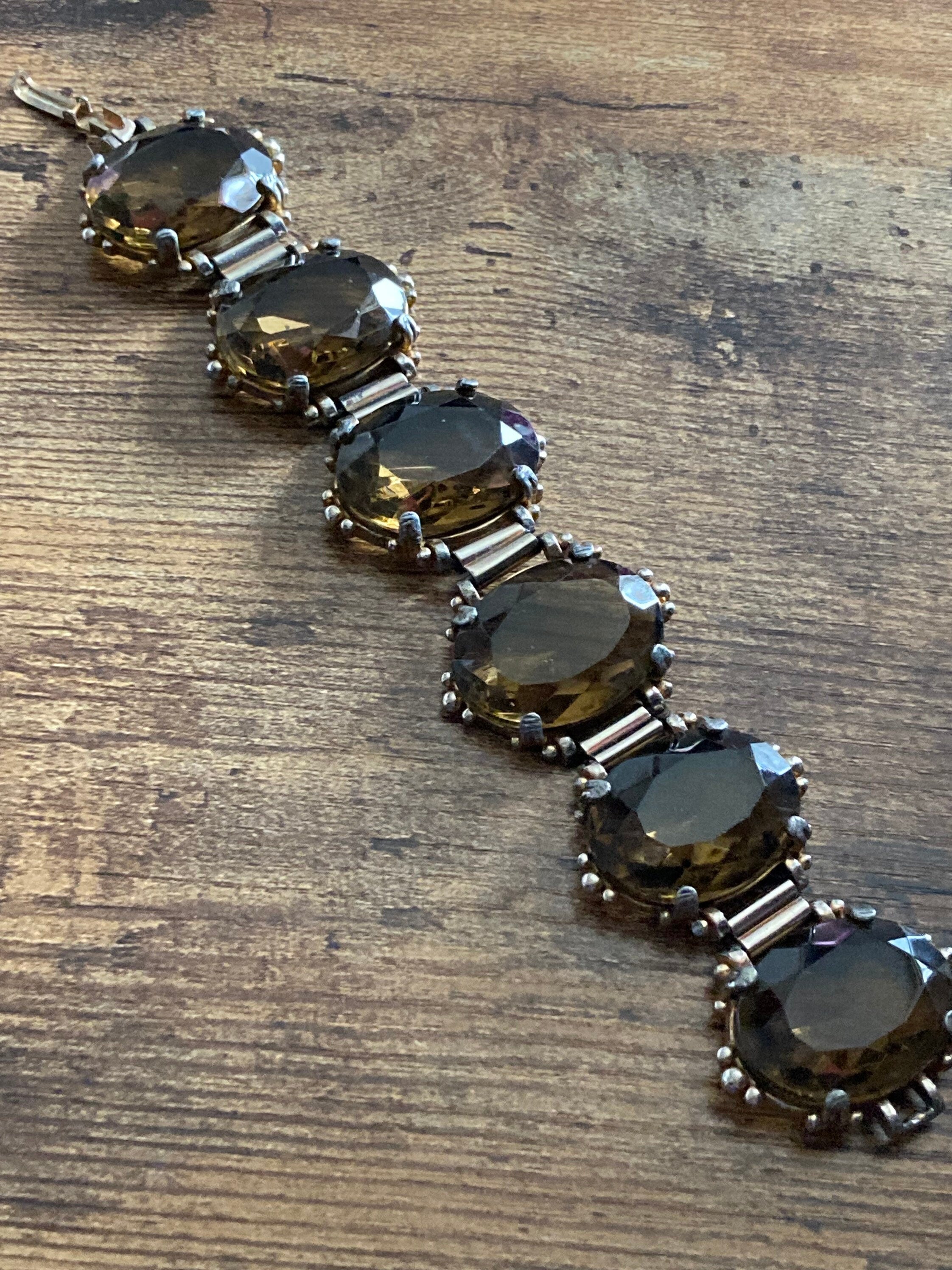 Vintage oversized dark brown cognac Glass Cabochon Gold Tone cocktail bracelet