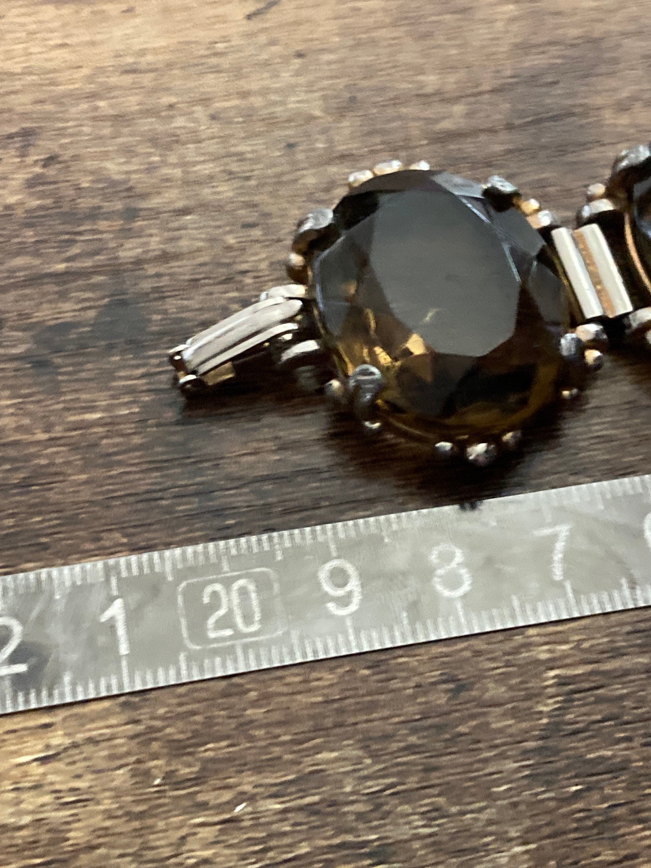 Vintage oversized dark brown cognac Glass Cabochon Gold Tone cocktail bracelet