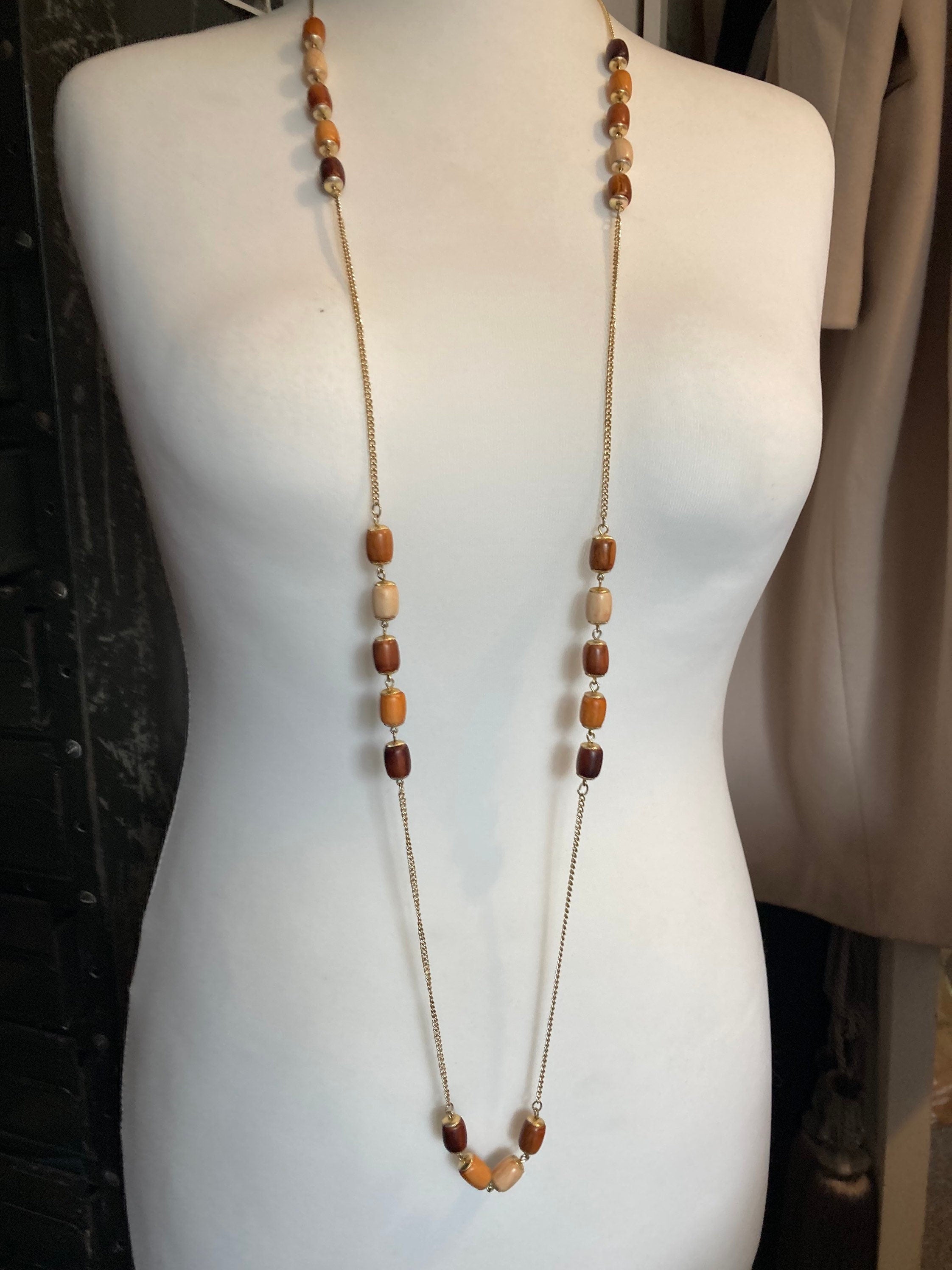 Vintage antique metal and brown wooden beaded station link necklace
