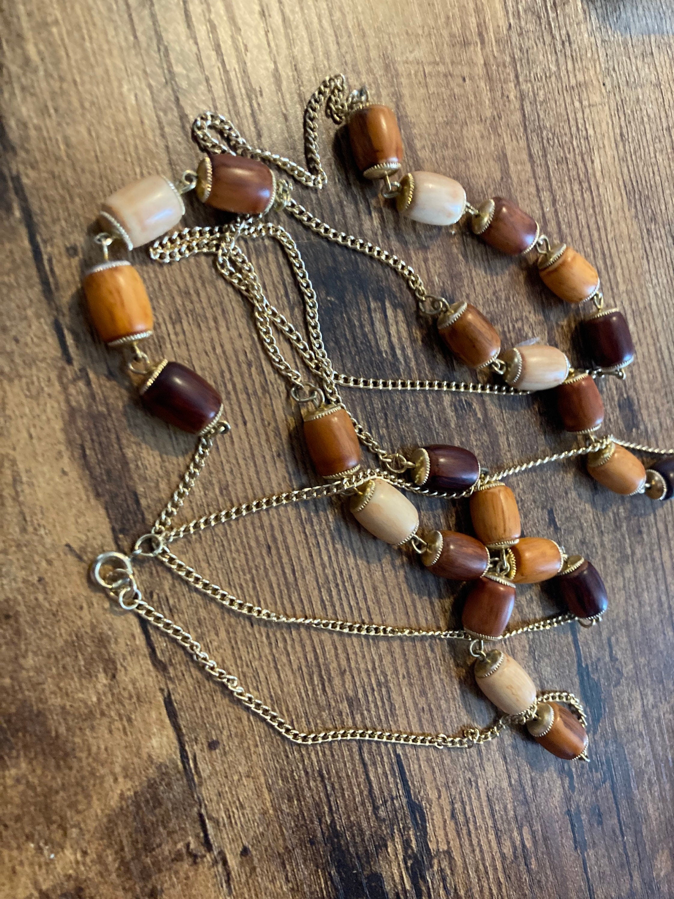 Vintage antique metal and brown wooden beaded station link necklace